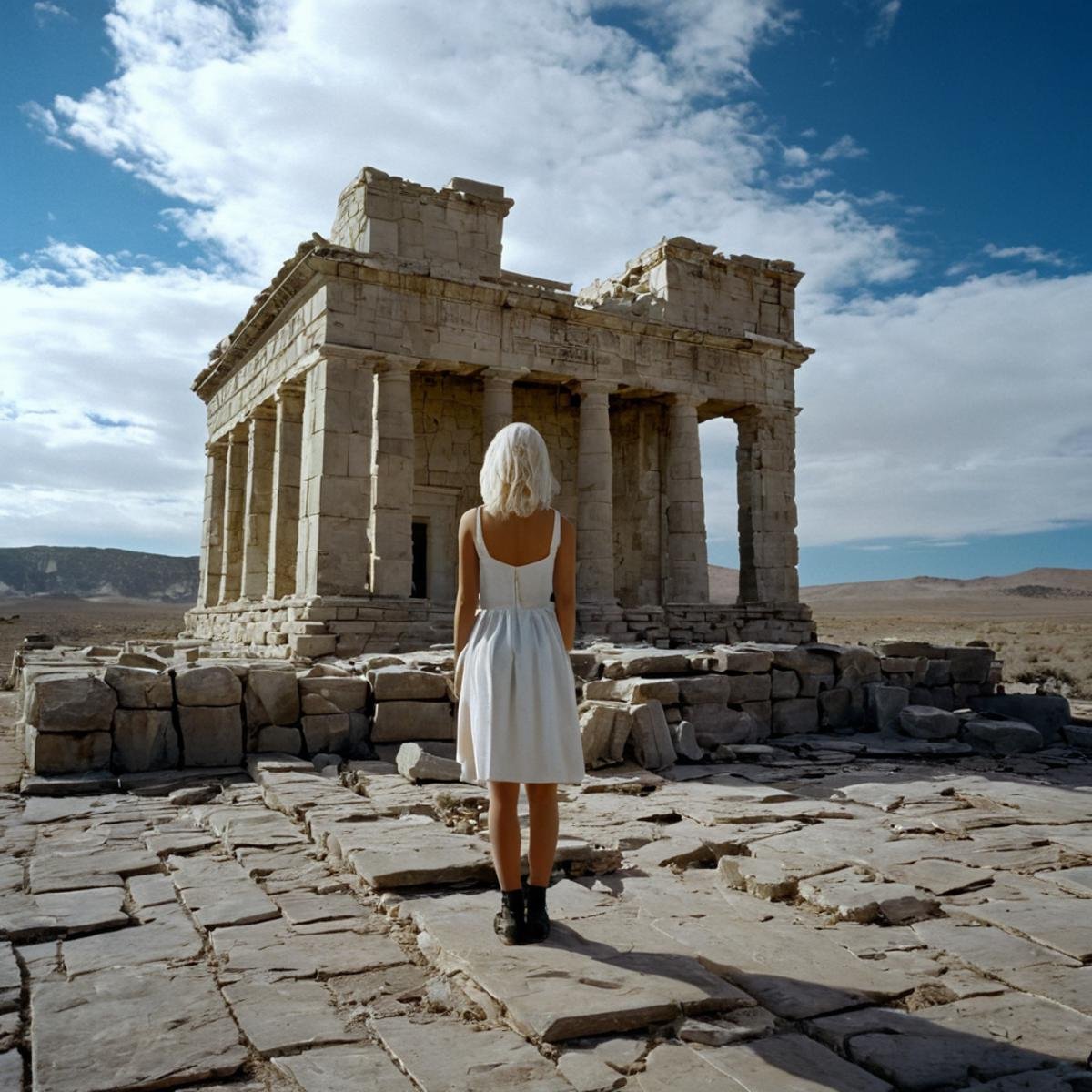 UHD, 4k, ultra detailed, cinematic, a photograph of  <lora:Ron Fricke style v2:1>a stone building with a statue in front of it, 1girl, solo, dress, standing, white hair, outdoors, sky, day, cloud, white dress, blue sky, scenery, ruins, wide shot, desert, realistic, realism, movie still, film grain, kodak film, film contrast, film color, cinematography, documentary, photography, 70 mm film, 65 mm film, Todd-AO, Todd-AO 35, 8K resolution, Ron Fricke film director style, Ron Fricke film directing style, Ron Fricke style, rock, statue, sitting, epic, beautiful lighting, inpsiring