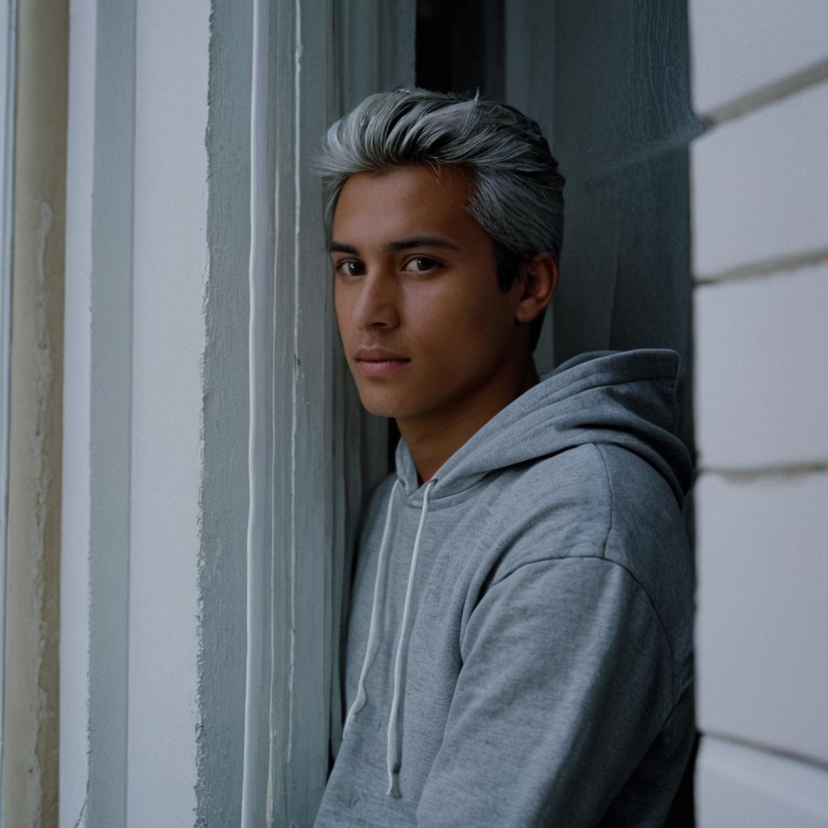 UHD, 4k, ultra detailed, cinematic, a photograph of  <lora:Ron Fricke style v2:1>a man leaning out of a window with his hand on his chin, solo, short hair, long sleeves, 1boy, white hair, male focus, indoors, dark skin, hood, window, profile, hood down, head rest, lamp, wall, realistic, realism, movie still, film grain, kodak film, film contrast, film color, cinematography, documentary, photography, 70 mm film, 65 mm film, Todd-AO, Todd-AO 35, 8K resolution, Ron Fricke film director style, Ron Fricke film directing style, Ron Fricke style, hoodie, door, old, shirt, white shirt, grey hair, curtains, epic, beautiful lighting, inpsiring