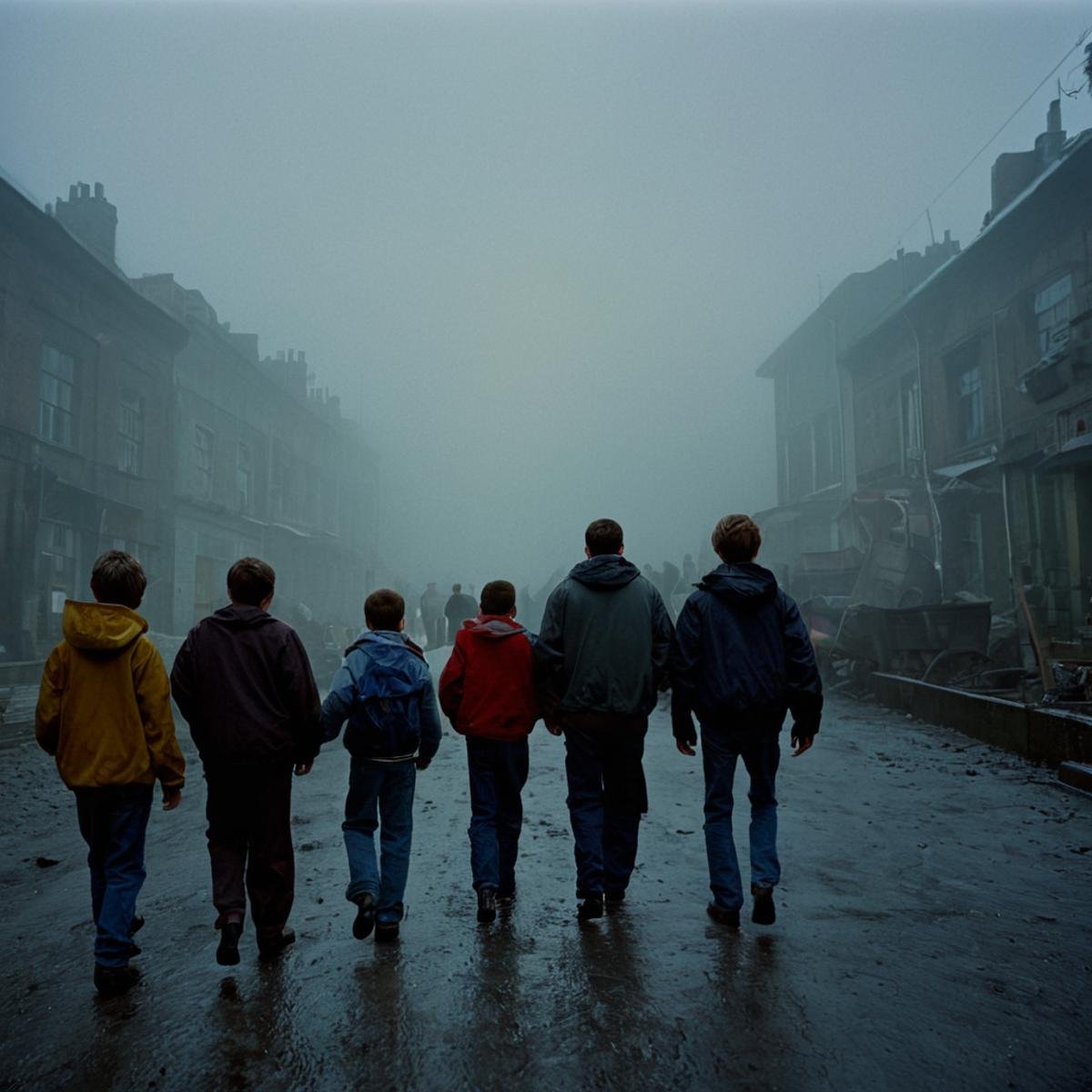 cinematic film still of  <lora:Ron Fricke style v2:1> "Kodak" "Vivid Film"a group of people walking through a foggy area, standing, outdoors, multiple boys, from behind, building, scenery, architecture, multiple others, realistic, realism, movie still, film grain, kodak film, film contrast, film color, cinematography, documentary, photography, 70 mm film, 65 mm film, Todd-AO, Todd-AO 35, 8K resolution, Ron Fricke film director style, Ron Fricke film directing style, Ron Fricke style, sky, sunlight, walking, 6+others, no humans, very wide shot, shallow depth of field, vignette, highly detailed, high budget, bokeh, cinemascope, moody, epic, gorgeous, film grain, grainy