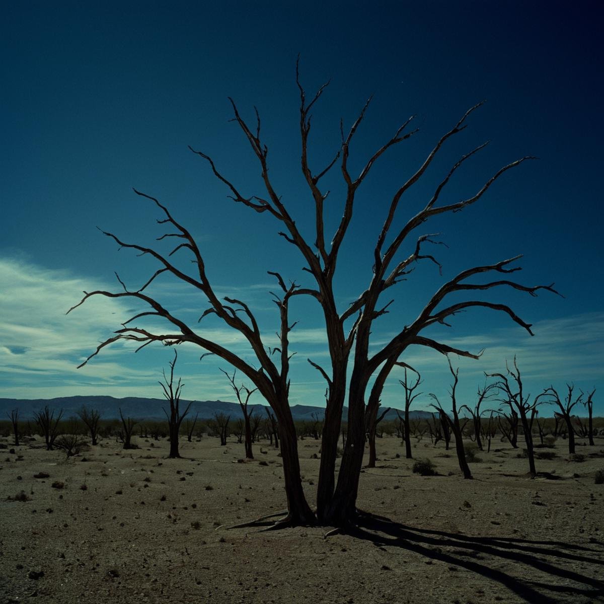 UHD, 4k, ultra detailed, cinematic, a photograph of  <lora:Ron Fricke style v2:1>a desert with dead trees in the foreground, outdoors, sky, tree, no humans, night, scenery, branch, bare tree, realistic, realism, movie still, film grain, kodak film, film contrast, film color, cinematography, documentary, photography, 70 mm film, 65 mm film, Todd-AO, Todd-AO 35, 8K resolution, Ron Fricke film director style, Ron Fricke film directing style, Ron Fricke style, grass, horizon, nature, epic, beautiful lighting, inpsiring