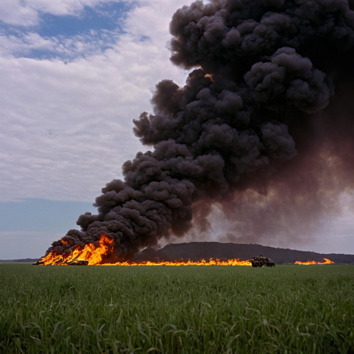 cinematic film still of  <lora:Ron Fricke style v2:1> "Kodak" "Vivid Film"a large fire is burning in the middle of a field, outdoors, sky, cloud, no humans, ocean, fire, scenery, smoke, explosion, realistic, realism, movie still, film grain, kodak film, film contrast, film color, cinematography, documentary, photography, 70 mm film, 65 mm film, Todd-AO, Todd-AO 35, 8K resolution, Ron Fricke film director style, Ron Fricke film directing style, Ron Fricke style, cloudy sky, military vehicle, bird, horizon, shallow depth of field, vignette, highly detailed, high budget, bokeh, cinemascope, moody, epic, gorgeous, film grain, grainy