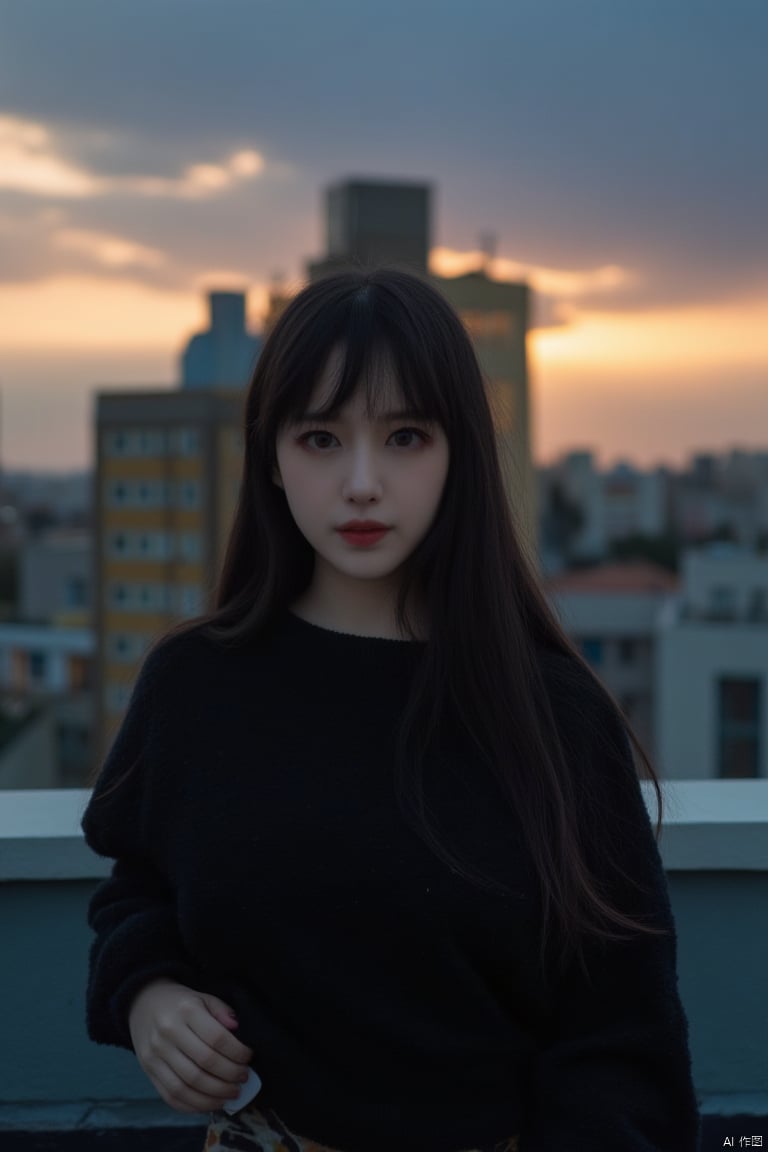 Frontal photography,Look front,evening,dark clouds,the setting sun,On the city rooftop,A 20 year old female,Black top,Black Leggings,black hair,long hair,dark theme,muted tones,pastel colors,high contrast,(natural skin texture, A dim light, high clarity) ((sky background))((Facial highlights)),