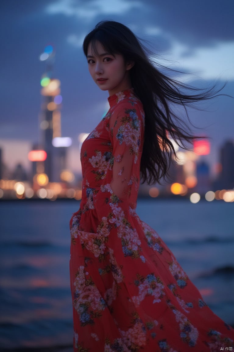 realistic, photorealistic, masterpiece, best quality, dark shot, (photo of portrait:1.2), cowbody shot,1girl, solo, smile, looking at viewer, long black hair, ([:see-through:4]:1.2) (colorful:1.2) cns_dress, (floral print:1.2), standing by a river, dynamic pose, (shanghai:1.2), water, colorful cloud, incredible beautiful sky, netural lighting, dynamic Angle, neon, moon, bokeh, Chiaroscuro,