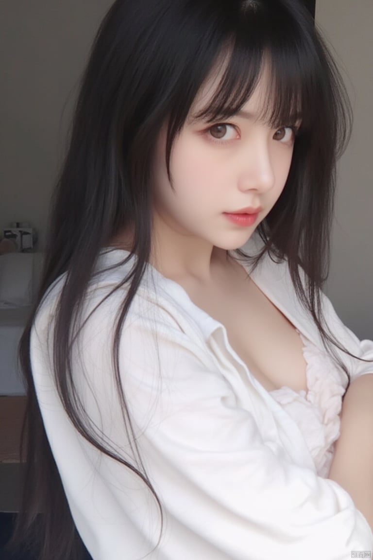 big breasts,1girl,black hair,lips,long hair,long sleeves,looking at viewer,realistic,shirt,solo,upper body,white shirt,