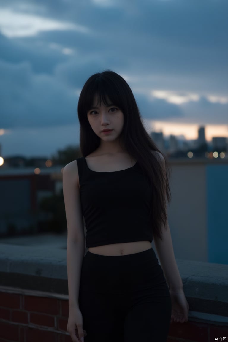 Frontal photography,Look front,evening,dark clouds,the setting sun,On the city rooftop,A 20 year old female,Black top,Black Leggings,black hair,long hair,dark theme,muted tones,pastel colors,high contrast,(natural skin texture, A dim light, high clarity) ((sky background))((Facial highlights)),