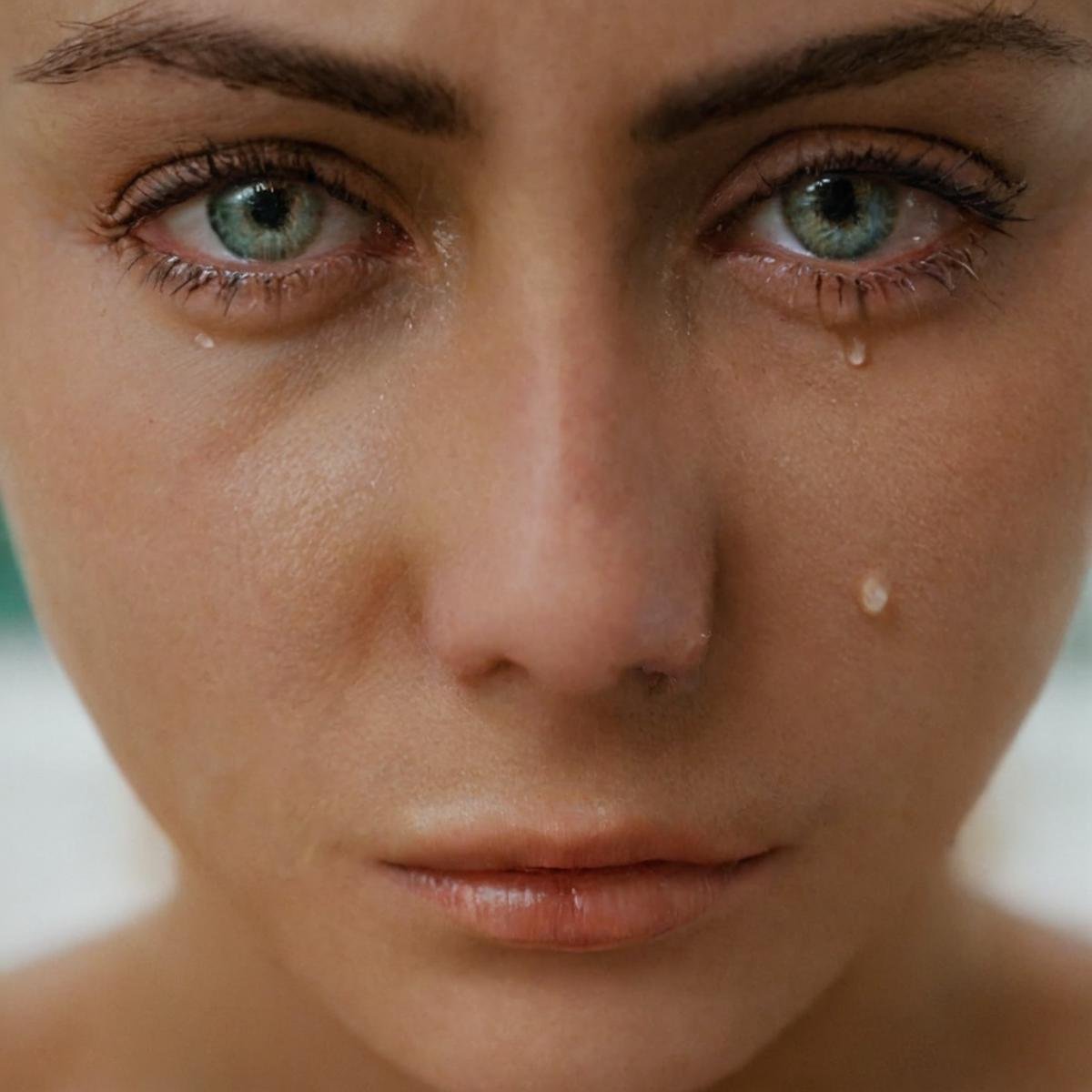 cinematic film still of  <lora:crying style v3:1>a woman with tears on her face has her hand on her face.,1girl,solo,long hair,looking at viewer,blue eyes,blonde hair,simple background,jewelry,green eyes,teeth,lips,ring,portrait,realistic,finger in own mouth , crying, sad, teary face, tears, crying style, shallow depth of field, vignette, highly detailed, high budget, bokeh, cinemascope, moody, epic, gorgeous, film grain, grainy