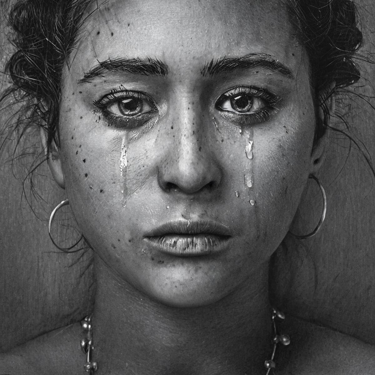 Hyperrealistic art of  <lora:crying style v3:1>a woman crying with tears on her face and the word " cry " on the side.,1girl,solo,jewelry,monochrome,greyscale,earrings,tears,lips,parody,crying,portrait,realistic , crying, sad, teary face, tears, crying style, Extremely high-resolution details, photographic, realism pushed to extreme, fine texture, incredibly lifelike