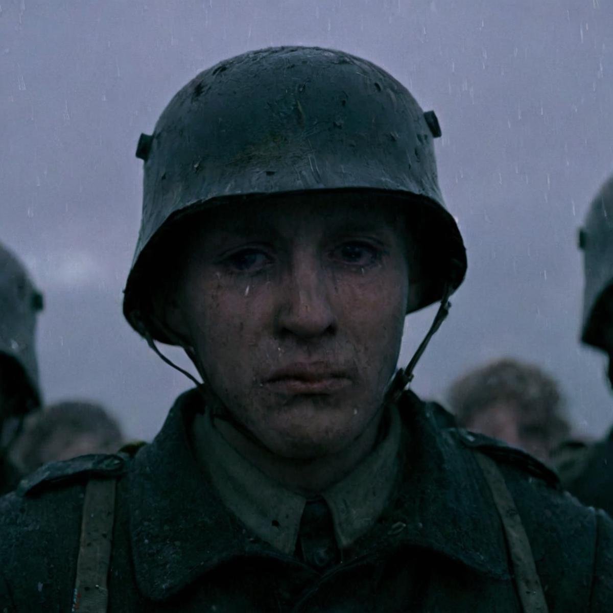 cinematic film still of  <lora:crying style v3:0.8> <lora:shell shock style v2:0.5> <lora:shell shock style:0.1> <lora:crying style:0.1>A cinematic Kodak Fujifilm picture of a ww2 german soldier man in a helmet looks into the distance, sharp, detailed, cinematic, sad, depressed, wrinkly, tired, fatigue, unhappy, glum, melancholy, miserable, sorrowful, dejected, disconsolate, downhearted, downcast, realism, realistic, dispirited, desolate, oppressed, panic, fear, Combat stress reaction, shell shock style, blue eyes, hat, male focus, multiple boys, sky, solo focus, 2boys, blurry, military, night, helmet, snow, snowing, looking at viewer, 1boy, outdoors, armor, soldier, mole, uniform, lips, depth of field, military uniform, portrait, combat helmet, shallow depth of field, vignette, highly detailed, high budget, bokeh, cinemascope, moody, epic, gorgeous, film grain, grainy