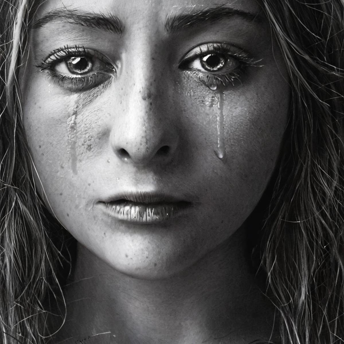 Hyperrealistic art of  <lora:crying style v3:1>a woman with tears on her face is crying,1girl,solo,long hair,bangs,closed mouth,monochrome,closed eyes,greyscale,parted lips,scar,messy hair,portrait,facing viewer,injury,realistic , crying, sad, teary face, tears, crying style, Extremely high-resolution details, photographic, realism pushed to extreme, fine texture, incredibly lifelike