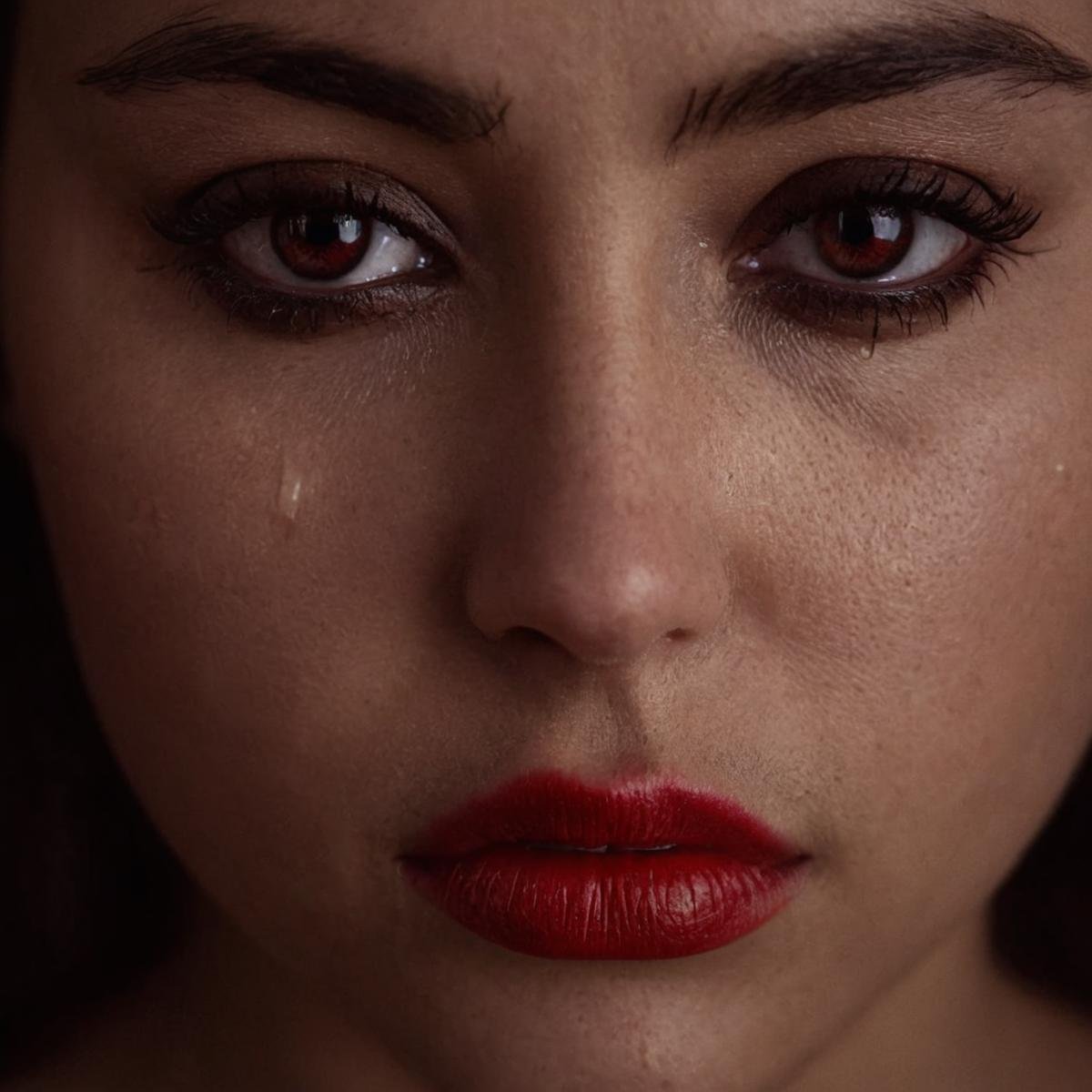 cinematic film still of  <lora:crying style v3:0.5>closeup of a woman with a teary face and black ink eyes,1girl,solo,looking at viewer,brown hair,parted lips,lips,eyelashes,makeup,lipstick,portrait,close-up,realistic,nose,red lips ,melodrama, movie themed, sharp, detailed, epic cinematic photography, artistic, dramatic light, cinematic color style, Kodak film style, crying style, shallow depth of field, vignette, highly detailed, high budget, bokeh, cinemascope, moody, epic, gorgeous, film grain, grainy