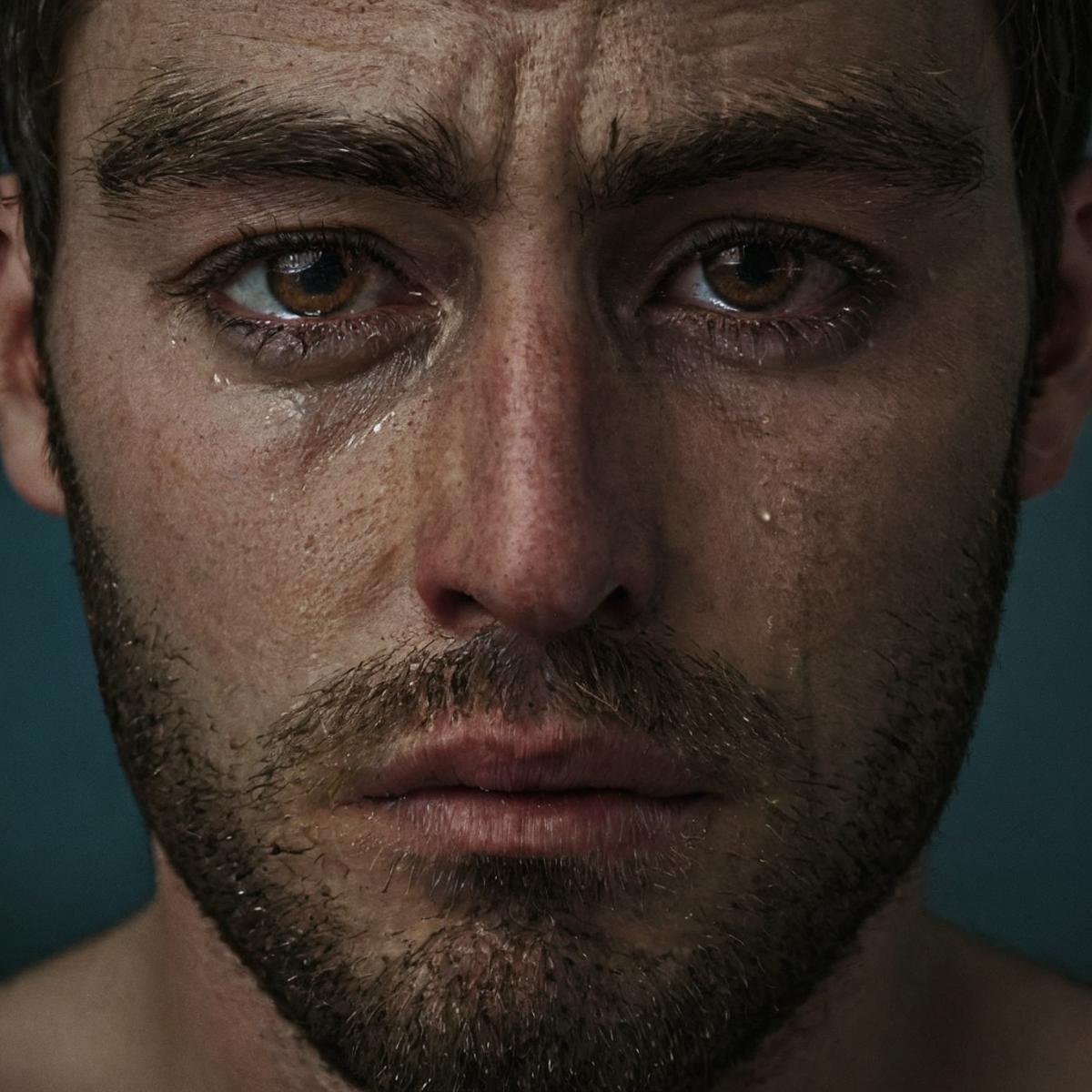 cinematic film still of  <lora:crying style v3:0.9>a closeup of a man with a teary face and a beard,solo,looking at viewer,simple background,1boy,male focus,facial hair,scar,portrait,beard,close-up,realistic ,melodrama, movie themed, sharp, detailed, epic cinematic photography, artistic, dramatic light, cinematic color style, Kodak film style, crying style, shallow depth of field, vignette, highly detailed, high budget, bokeh, cinemascope, moody, epic, gorgeous, film grain, grainy