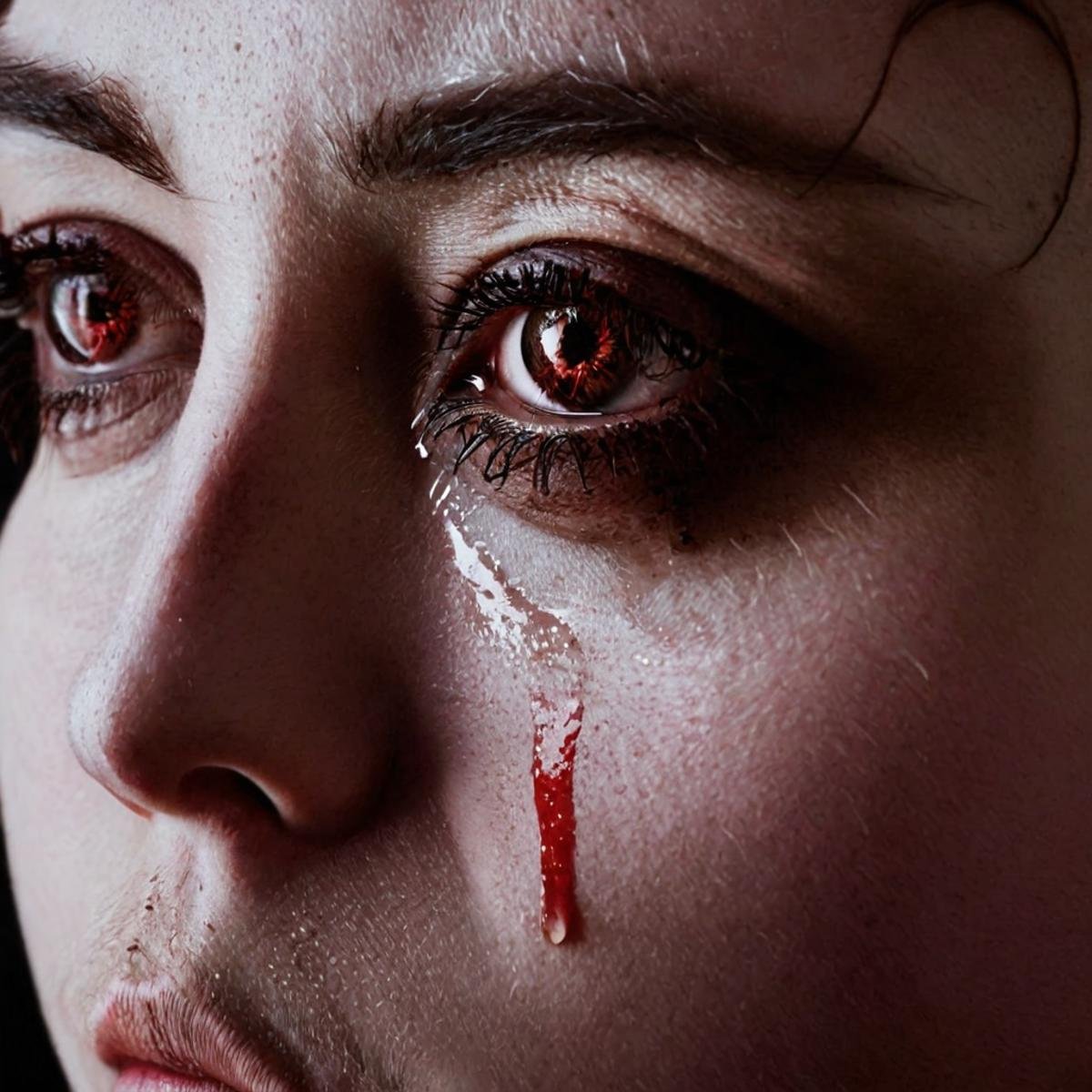 Hyperrealistic art of  <lora:crying style v3:1>a man with a nose ring and nose covered in blood.,solo,looking at viewer,1boy,closed mouth,male focus,black eyes,portrait,close-up,realistic , crying, sad, teary face, tears, crying style, Extremely high-resolution details, photographic, realism pushed to extreme, fine texture, incredibly lifelike