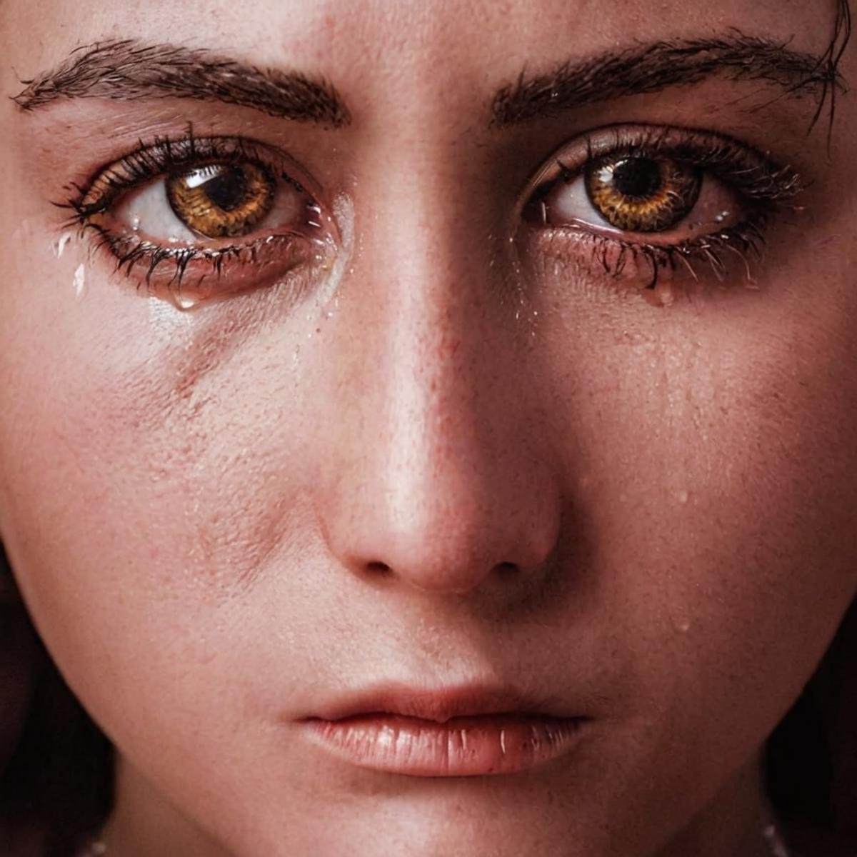 Hyperrealistic art of  <lora:crying style v3:1>a woman with tears on her face is crying.,solo,simple background,1boy,male focus,parted lips,lips,scar,portrait,scar on face,realistic , crying, sad, teary face, tears, crying style, Extremely high-resolution details, photographic, realism pushed to extreme, fine texture, incredibly lifelike