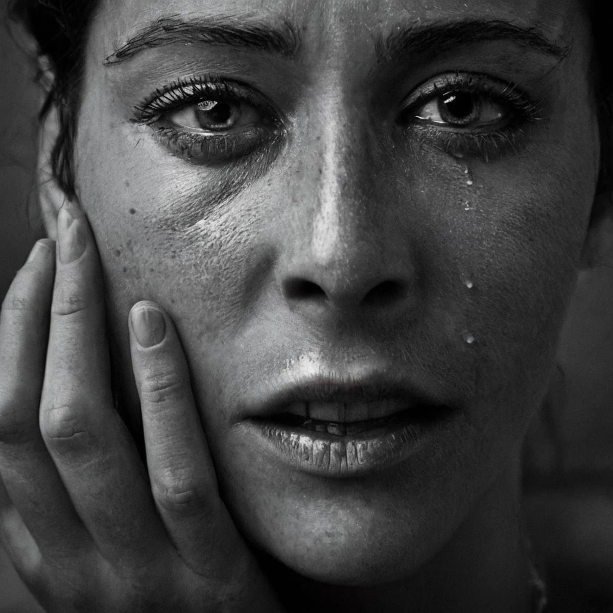 cinematic film still of  <lora:crying style v3:1>a woman with a wet face and a hand on her face.,solo,looking at viewer,smile,simple background,1boy,monochrome,greyscale,male focus,teeth,hand up,grey background,portrait,realistic , crying, sad, teary face, tears, crying style, shallow depth of field, vignette, highly detailed, high budget, bokeh, cinemascope, moody, epic, gorgeous, film grain, grainy