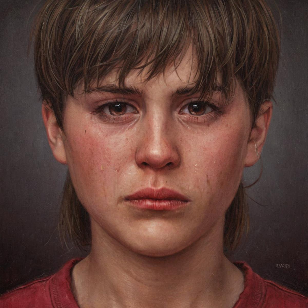 Hyperrealistic art of  <lora:crying style v2-000004:0.9>a woman with a red shirt that says " the word " on the face.,solo,looking at viewer,brown hair,1boy,closed mouth,male focus,blurry,half-closed eyes,portrait,realistic , crying, sad, teary face, tears, crying style, Extremely high-resolution details, photographic, realism pushed to extreme, fine texture, incredibly lifelike