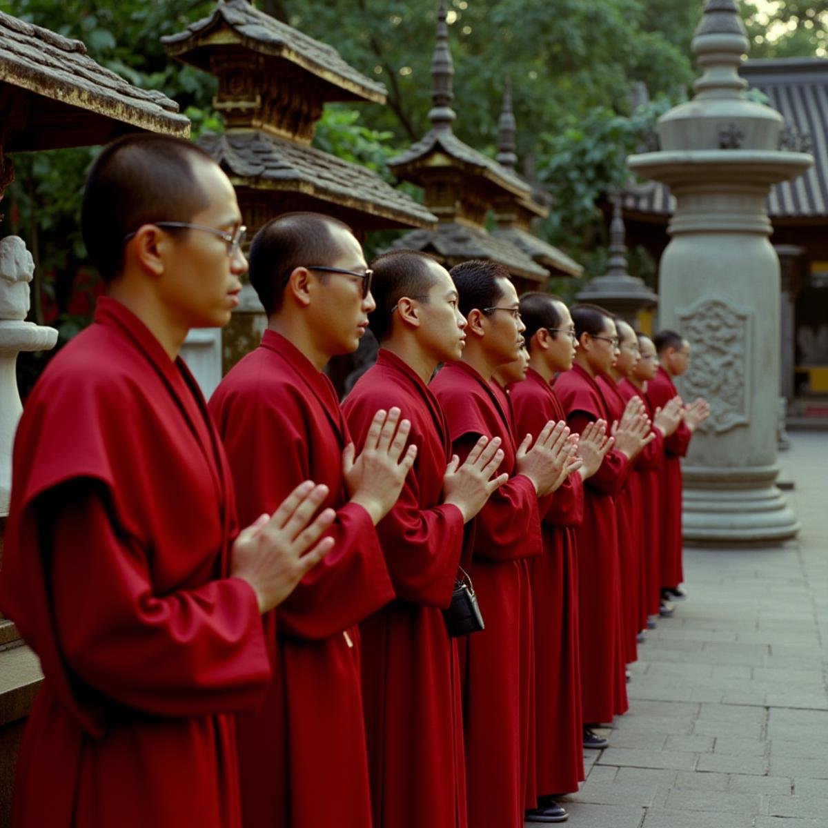 cinematic film still  <lora:RonFricke cinematic film style v1:1>In RonFricke cinematic film style a group of monks standing in a line praying, side view, black hair, male focus, multiple boys, glasses, blurry, facial hair, 6+boys, robe, realistic, mustache, bald, very short hair, old, old man, statue, baby, praying, stone lantern, realistic, realism, movie still, film grain, kodak film, film contrast, film color, cinematography, documentary, photography, 70 mm film, 65 mm film, Todd-AO, Todd-AO 35, 8K resolution, Ron Fricke film director style, Ron Fricke film directing style, Ron Fricke style, short hair, necktie, sunglasses, closed eyes, asian skin, architecture, red robe, temple, side view . shallow depth of field, vignette, highly detailed, high budget, bokeh, cinemascope, moody, epic, gorgeous, film grain, grainy