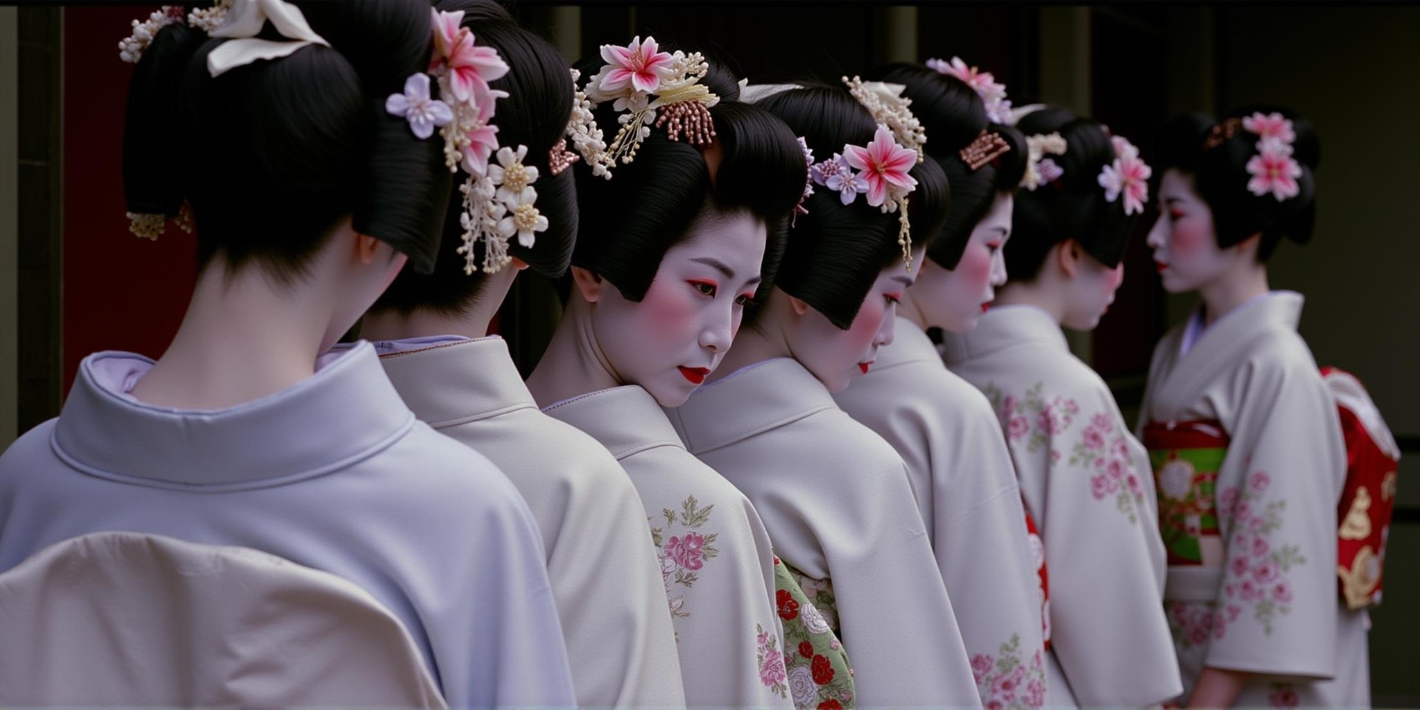 cinematic film still  <lora:RonFricke cinematic film style v1:1>In RonFricke cinematic film style three geisha women in kimono are standing in a line, looking at viewer, short hair, multiple girls, black hair, hair ornament, long sleeves, flower, japanese clothes, hair flower, 3girls, wide sleeves, kimono, sash, mask, obi, white kimono, realistic, realistic, realism, movie still, film grain, kodak film, film contrast, film color, cinematography, documentary, photography, 70 mm film, 65 mm film, Todd-AO, Todd-AO 35, 8K resolution, Ron Fricke film director style, Ron Fricke film directing style, Ron Fricke style, closed eyes, pale skin . shallow depth of field, vignette, highly detailed, high budget, bokeh, cinemascope, moody, epic, gorgeous, film grain, grainy