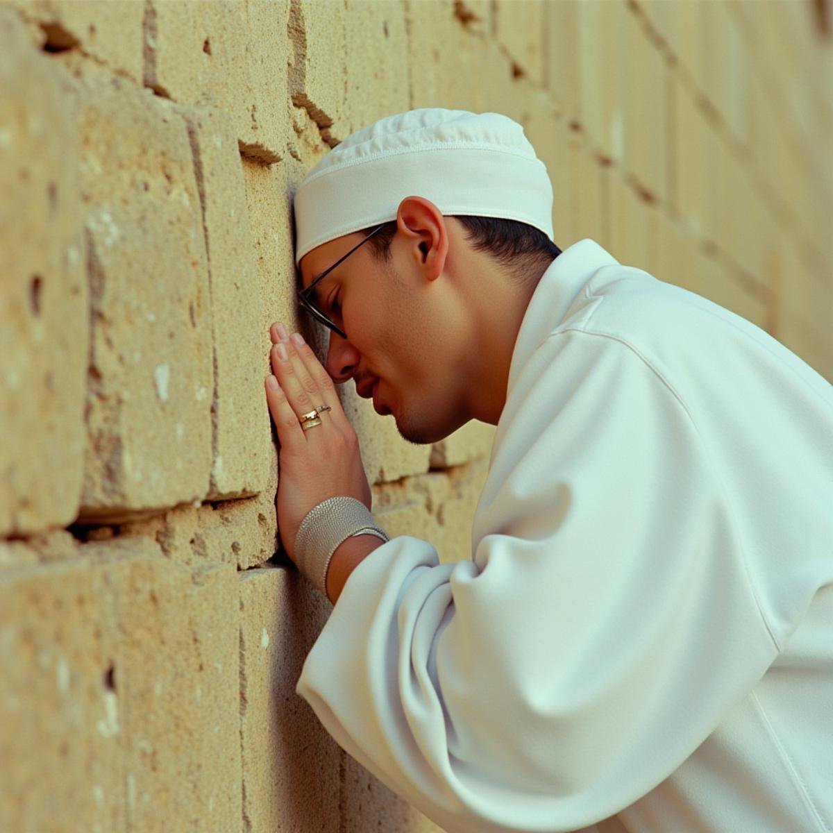 cinematic film still  <lora:RonFricke cinematic film style v1:1>In RonFricke cinematic film style a hebrew person in a white hoddie robe is kissing the Western Wall in Jerusalem, solo, gloves, 1boy, holding, male focus, fingerless gloves, blurry, close-up, realistic, photo (object), realistic, realism, movie still, film grain, kodak film, film contrast, film color, cinematography, documentary, photography, 70 mm film, 65 mm film, Todd-AO, Todd-AO 35, 8K resolution, Ron Fricke film director style, Ron Fricke film directing style, Ron Fricke style, long sleeves, jewelry, ring, side view . shallow depth of field, vignette, highly detailed, high budget, bokeh, cinemascope, moody, epic, gorgeous, film grain, grainy