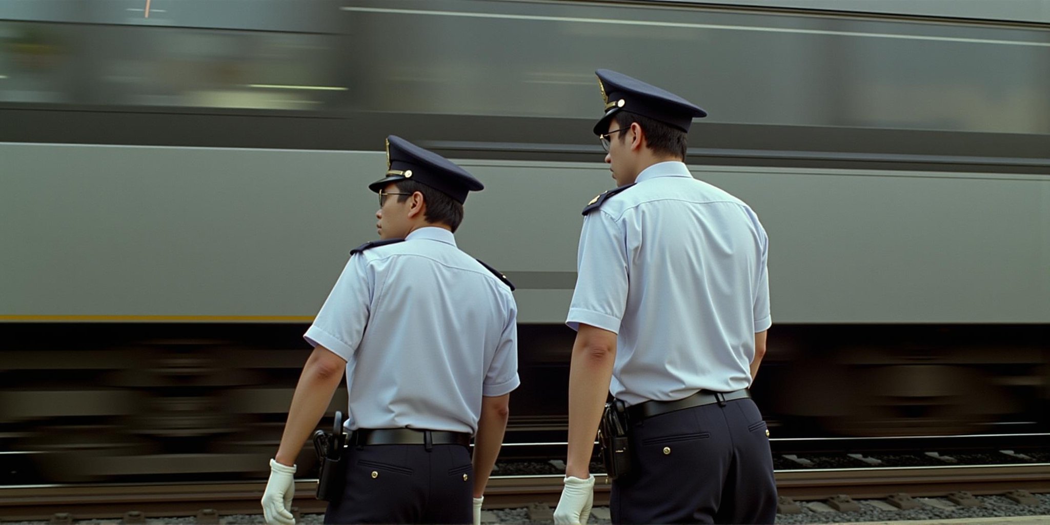 cinematic film still  <lora:RonFricke cinematic film style v1:1>In RonFricke cinematic film style two asian clerk men in uniforms standing next to a fast moving train on a track, shirt, black hair, gloves, hat, white shirt, short sleeves, male focus, multiple boys, glasses, belt, pants, white gloves, 2boys, uniform, black pants, ground vehicle, motion lines, motion blur, police, speed lines, realistic, realism, movie still, film grain, kodak film, film contrast, film color, cinematography, documentary, photography, 70 mm film, 65 mm film, Todd-AO, Todd-AO 35, 8K resolution, Ron Fricke film director style, Ron Fricke film directing style, Ron Fricke style, from behind, armband, peaked cap, standing, facial hair, police uniform . shallow depth of field, vignette, highly detailed, high budget, bokeh, cinemascope, moody, epic, gorgeous, film grain, grainy