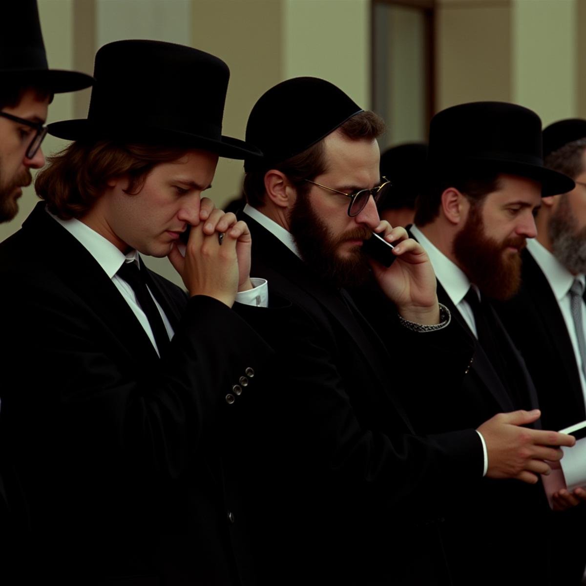 cinematic film still  <lora:RonFricke cinematic film style v1:1>In RonFricke cinematic film style a group of rabbi hebrew men in black suits and hats, brown hair, black hair, long sleeves, hat, holding, jacket, male focus, multiple boys, necktie, glasses, indoors, black jacket, black headwear, facial hair, phone, formal, suit, beard, 6+boys, holding phone, realistic, realism, movie still, film grain, kodak film, film contrast, film color, cinematography, documentary, photography, 70 mm film, 65 mm film, Todd-AO, Todd-AO 35, 8K resolution, Ron Fricke film director style, Ron Fricke film directing style, Ron Fricke style, blurry, sunglasses, mustache, fedora, side view . shallow depth of field, vignette, highly detailed, high budget, bokeh, cinemascope, moody, epic, gorgeous, film grain, grainy