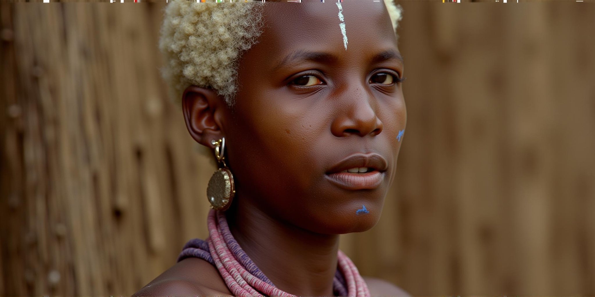 cinematic film still  <lora:RonFricke cinematic film style v1:1>In RonFricke cinematic film style a close up of a African tribe person with a painted face, 1girl, solo, looking at viewer, blonde hair, brown eyes, jewelry, closed mouth, white hair, earrings, blurry, lips, depth of field, blurry background, facial mark, portrait, realistic, facepaint, facial tattoo, realistic, realism, movie still, film grain, kodak film, film contrast, film color, cinematography, documentary, photography, 70 mm film, 65 mm film, Todd-AO, Todd-AO 35, 8K resolution, Ron Fricke film director style, Ron Fricke film directing style, Ron Fricke style, short hair, dark skin, dark-skinned female, hoop earrings, old woman . shallow depth of field, vignette, highly detailed, high budget, bokeh, cinemascope, moody, epic, gorgeous, film grain, grainy