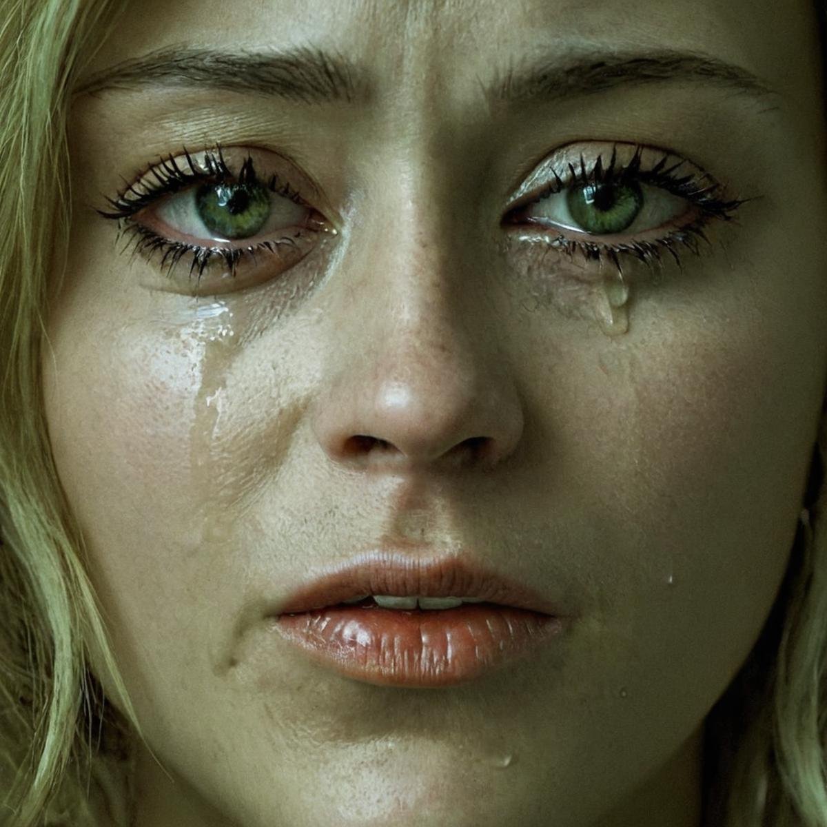 Hyperrealistic art of  <lora:crying style v4:1>a woman with blonde hair is crying and she is crying.,1girl,solo,looking at viewer,short hair,blonde hair,simple background,green eyes,parted lips,teeth,lips,eyelashes,black background,portrait,close-up,realistic , crying, sad, teary face, tears, crying style, Extremely high-resolution details, photographic, realism pushed to extreme, fine texture, incredibly lifelike