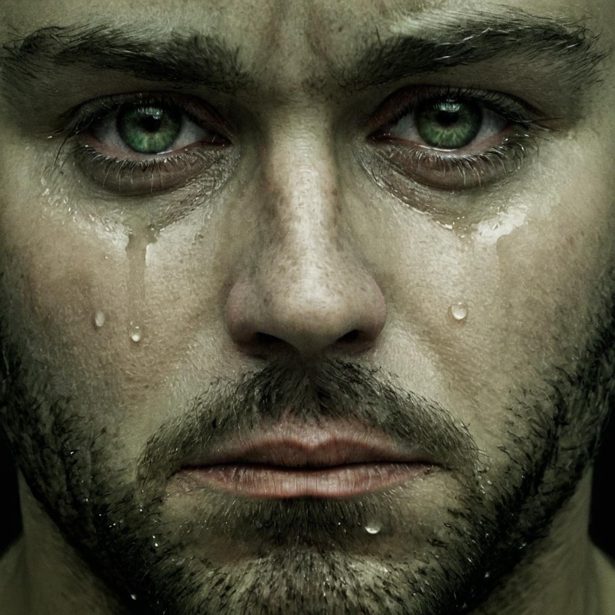 Hyperrealistic art of  <lora:crying style v4:1>a man with tears on his face is crying.,solo,looking at viewer,simple background,1boy,jewelry,green eyes,male focus,earrings,teeth,facial hair,black background,portrait,beard,realistic , crying, sad, teary face, tears, crying style, Extremely high-resolution details, photographic, realism pushed to extreme, fine texture, incredibly lifelike