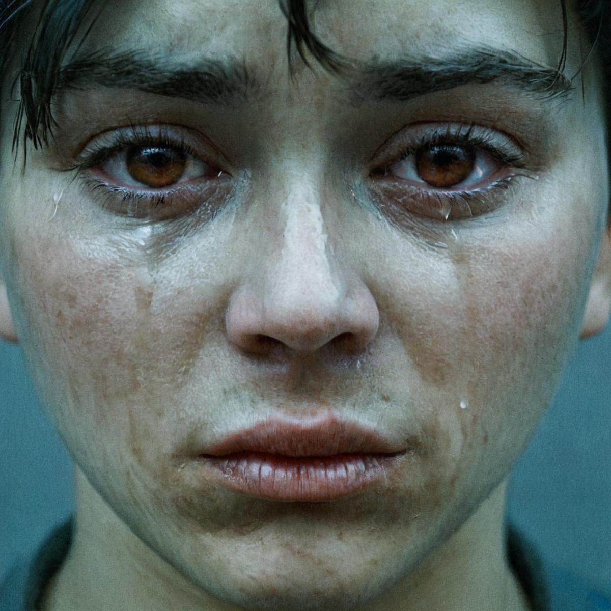 Hyperrealistic art of  <lora:crying style v4:1>a person with tears on their face and the face has tears on it.,solo,looking at viewer,black hair,1boy,brown eyes,male focus,tears,lips,crying,portrait,realistic , crying, sad, teary face, tears, crying style, Extremely high-resolution details, photographic, realism pushed to extreme, fine texture, incredibly lifelike