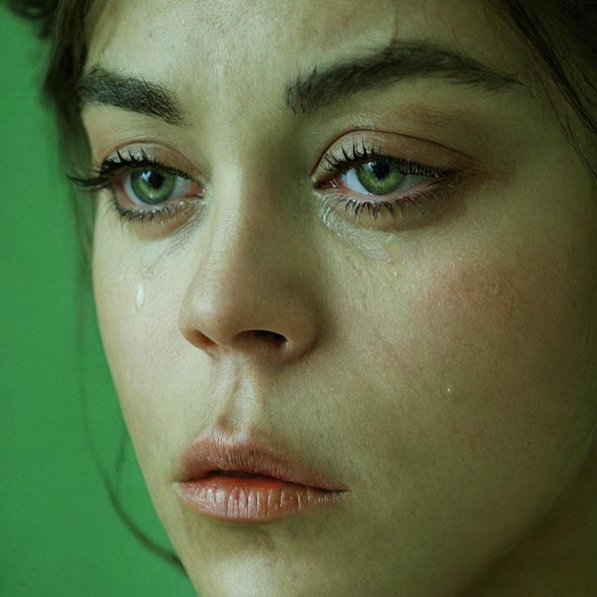 Hyperrealistic art of  <lora:crying style v4:1>eye tears of a woman with a tattoo on her neck,1girl,solo,1boy,jewelry,green eyes,male focus,earrings,parted lips,tears,blurry,from side,profile,depth of field,blurry background,colored skin,crying,portrait,green skin,green theme ,emotional tears, sob, sadness, wrinkly, dramatic movie themed, sharp, detailed, epic cinematic photography, artistic, dramatic light, cinematic color style, Kodak film style, tears style, Extremely high-resolution details, photographic, realism pushed to extreme, fine texture, incredibly lifelike