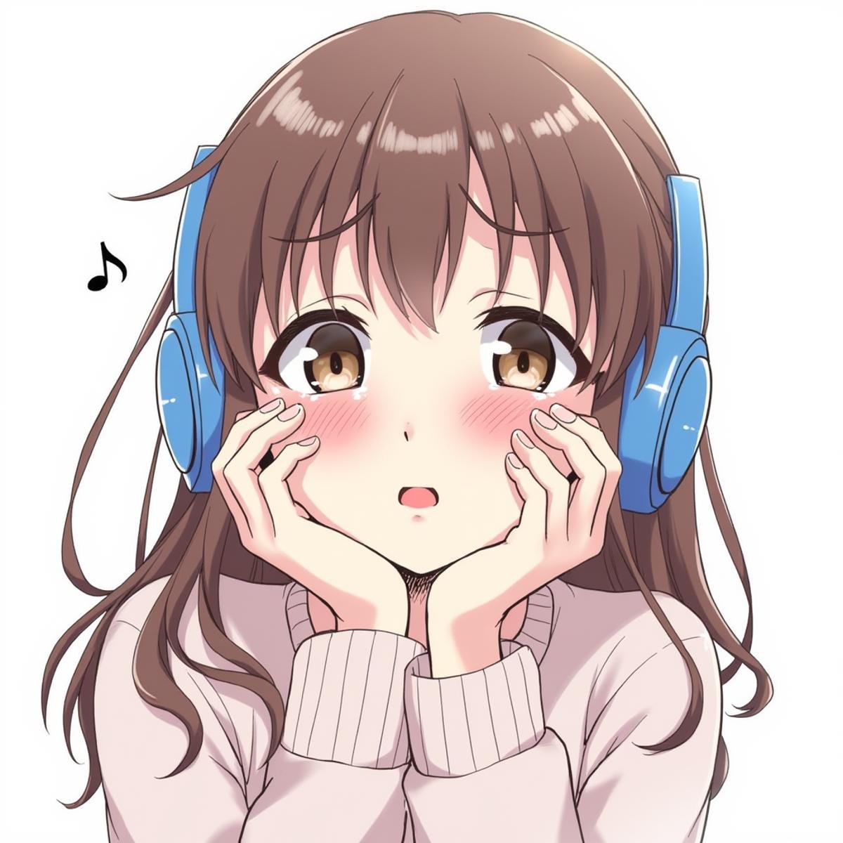 <lora:crying style:1>In crying style, a drawing of a girl with a blue headphones on her ear., 1girl, solo, long hair, looking at viewer, brown hair, brown eyes, tears, lips, headphones, crying, portrait, musical note, crying with eyes open, realistic, nose, eighth note, beamed eighth notes, crying, sad, teary face, tears, crying style, parted lips