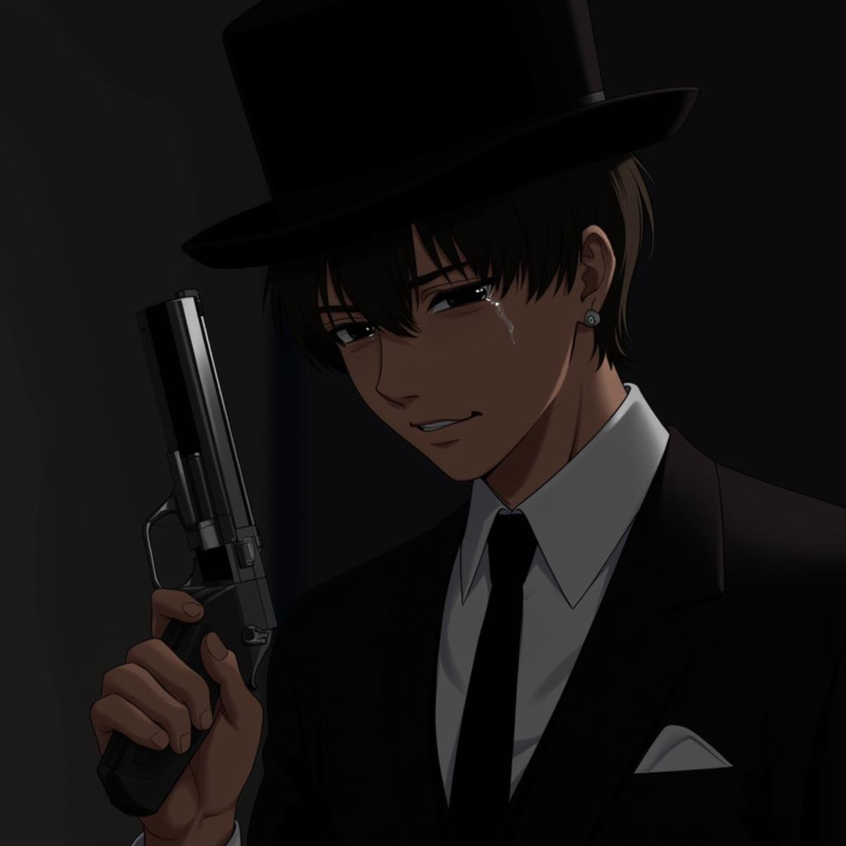 <lora:crying style:1>In crying style, a man is holding a gun and crying., solo, short hair, shirt, black hair, 1boy, hat, jewelry, male focus, earrings, parted lips, necktie, blurry, black eyes, black headwear, scar, formal, suit, scar on face, top hat, realistic, dark, crying, sad, teary face, tears, crying style, holding, dark skin, depth of field, dark-skinned male, blurry foreground, black skin, low angle from below, night