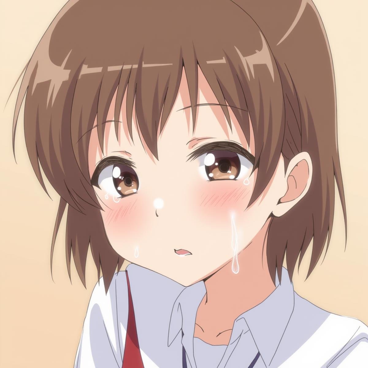 <lora:crying style:1>In crying style, a anime girl with tears on her face and the face of a sad girl., 1girl, solo, blush, short hair, brown hair, brown eyes, school uniform, serafuku, tears, crying, sad, furukawa nagisa, crying, sad, teary face, tears, crying style, cartoo