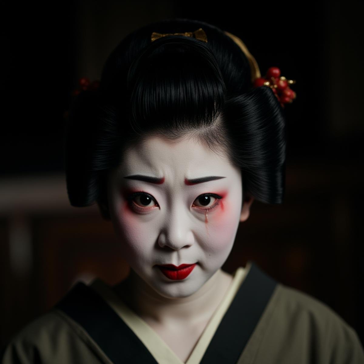 <lora:crying style:1>In crying style, a geisha woman with a red lip and a black hairdo and teary eye, 1girl, solo, looking at viewer, short hair, black hair, closed mouth, black eyes, makeup, lipstick, pale skin, portrait, realistic, red lips, melodrama, movie themed, sharp, detailed, epic cinematic photography, artistic, dramatic light, cinematic color style, Kodak film style, crying style, hair ornament, blurry, lips, hair stick, closeup