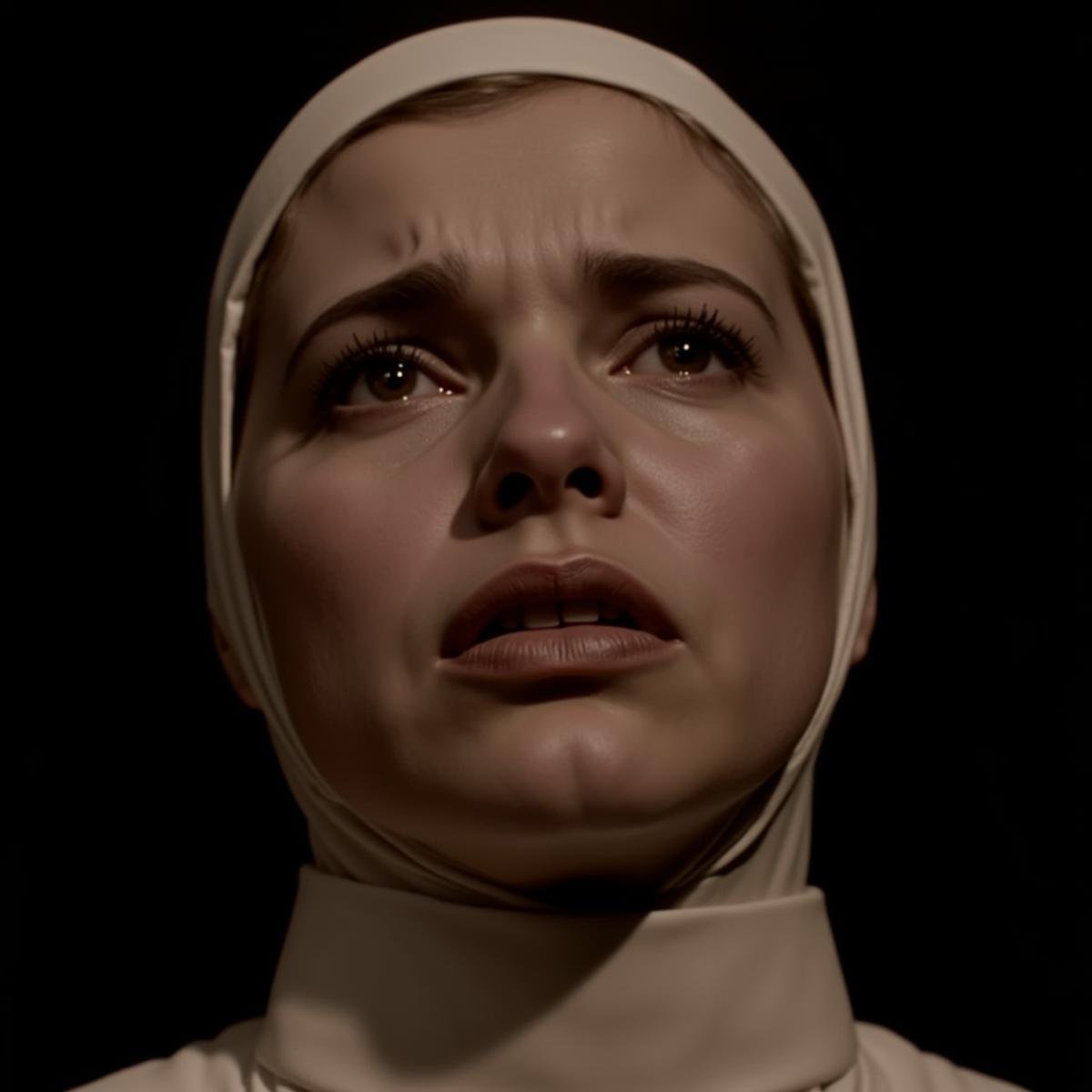 <lora:crying style:1>In crying style, a teary woman with a nun's head covering her face, 1girl, solo, simple background, 1boy, brown eyes, monochrome, male focus, parted lips, tears, lips, black background, portrait, realistic, sepia, brown theme, melodrama, movie themed, sharp, detailed, epic cinematic photography, artistic, dramatic light, cinematic color style, Kodak film style, crying style, crying, looking up, crying with eyes open, nun, habit, traditional nun, closeup