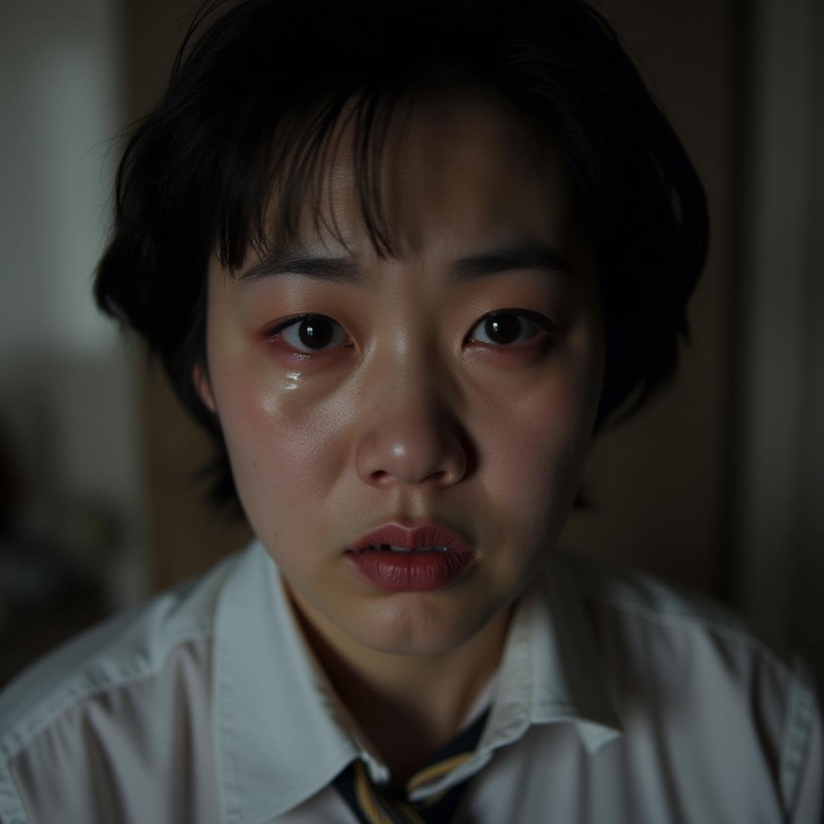 <lora:crying style:1>In crying style, a sad asian woman with a teary face and a tie, 1girl, solo, looking at viewer, short hair, black hair, parted lips, teeth, blurry, black eyes, lips, depth of field, blurry background, portrait, realistic, melodrama, movie themed, sharp, detailed, epic cinematic photography, artistic, dramatic light, cinematic color style, Kodak film style, crying style, tears, crying, crying with eyes open, nose, photorealistic, closeup, asian, korean, serious look, looking at camera