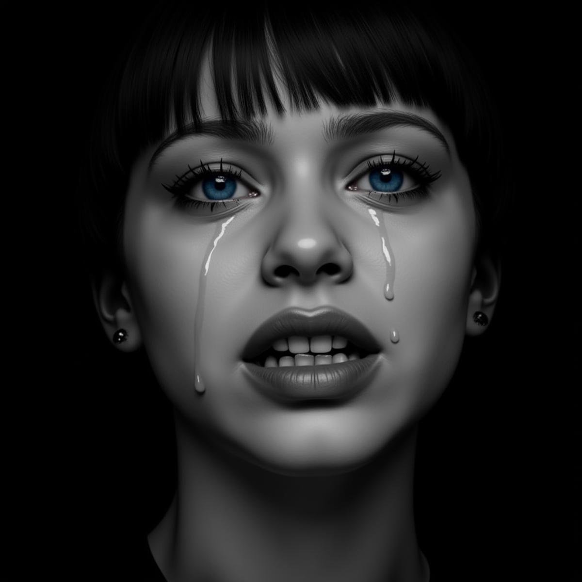 <lora:crying style:1>In crying style, a woman with tears on her face is crying., 1girl, solo, looking at viewer, monochrome, greyscale, teeth, tears, lips, eyelashes, crying, portrait, close-up, realistic, eye focus, crying, sad, teary face, tears, crying style, blue eyes, black hair, closed mouth, wet, black background, photorealistic, closeup, looking at viewers