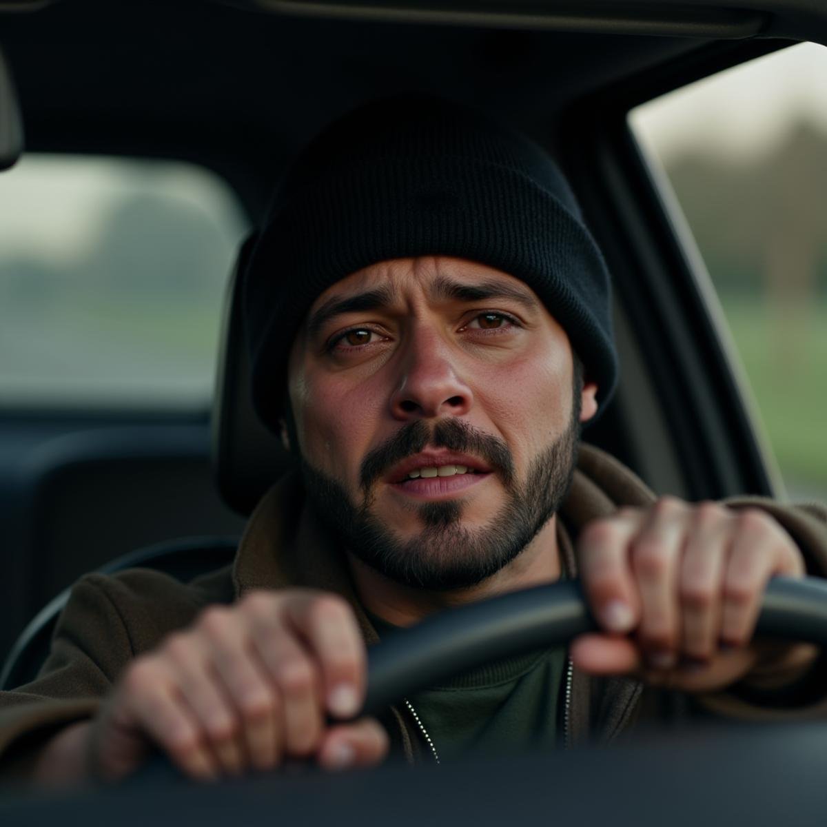 <lora:crying style:1>In crying style, a closeup of a sad man driving a car with a black hat, solo, open mouth, black hair, 1boy, hat, brown eyes, male focus, blurry, facial hair, parody, realistic, mustache, stubble, beanie, hammer, melodrama, movie themed, sharp, detailed, epic cinematic photography, artistic, dramatic light, cinematic color style, Kodak film style, crying style, looking at viewer, short hair, holding, black headwear, depth of field, beard, blurry foreground, tears, photorealistic, closeup