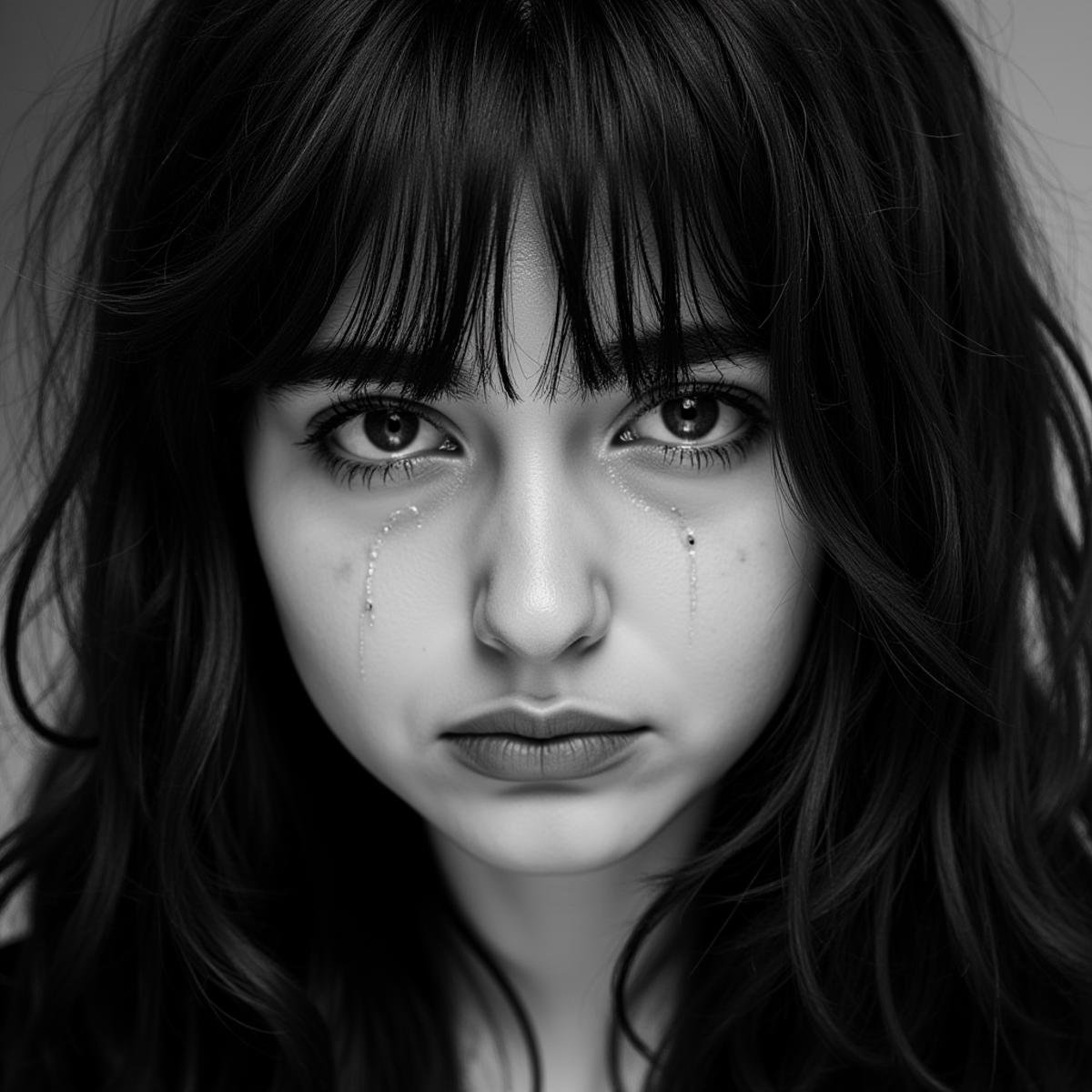 <lora:crying style:1>In crying style, a woman with tears on her face is crying, 1girl, solo, long hair, bangs, closed mouth, monochrome, closed eyes, greyscale, parted lips, scar, messy hair, portrait, facing viewer, injury, realistic, crying, sad, teary face, tears, crying style, blurry