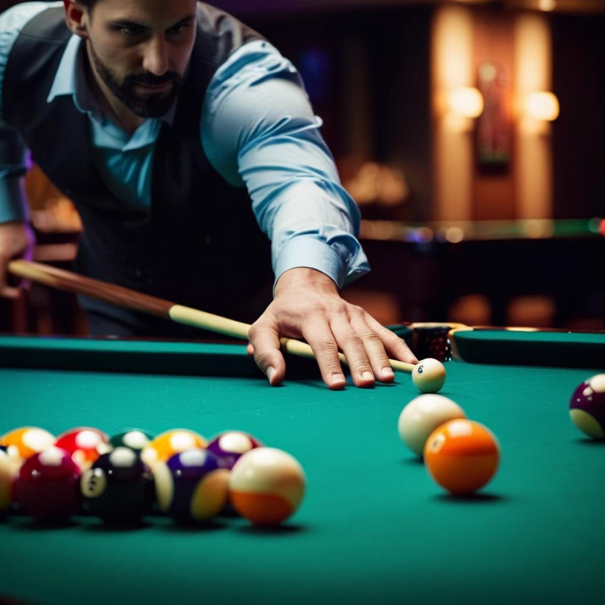 cinematic film still of  <lora:perfect hands:1>perfect hands fingers  A man playing pool, shallow depth of field, vignette, highly detailed, high budget, bokeh, cinemascope, moody, epic, gorgeous, film grain, grainy