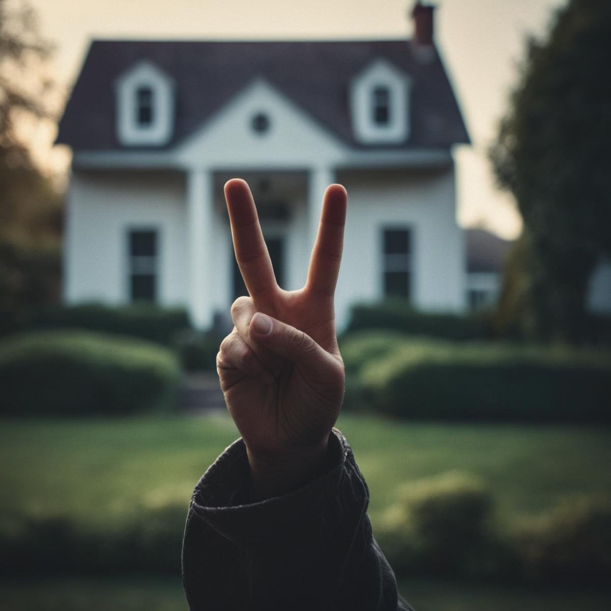 cinematic film still of  <lora:perfection style:0.1> <lora:detailed:0.3> <lora:Chiaroscuro Lighting Style:0.3> <lora:hand 4:0.3>A perfect detailed photo of a person holding up a peace sign in front of a house, shallow depth of field, vignette, highly detailed, high budget, bokeh, cinemascope, moody, epic, gorgeous, film grain, grainy