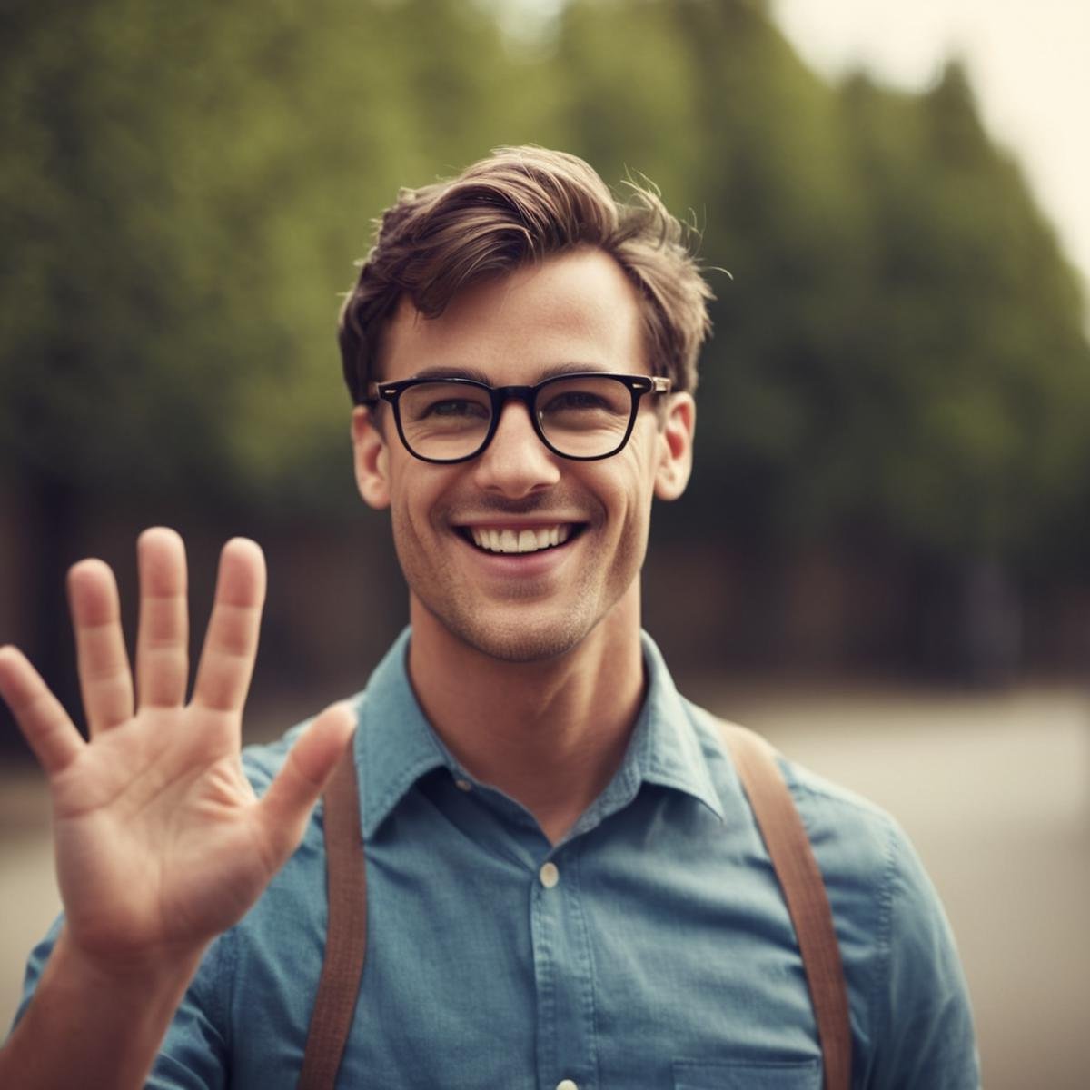 cinematic film still of  <lora:perfection style:0.1> <lora:detailed:0.3> <lora:Chiaroscuro Lighting Style:0.3> <lora:hand 4:0.3>A perfect detailed photo of a happy nerd man with glasses is waving to camera, shallow depth of field, vignette, highly detailed, high budget, bokeh, cinemascope, moody, epic, gorgeous, film grain, grainy