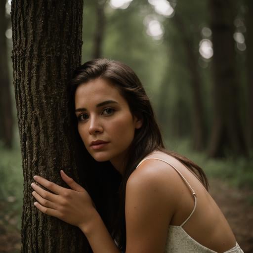 cinematic film still of  <lora:detailed style SD1.5:0.3> <lora:Hand v3 SD1.5:0.1> <lora:perfection style SD1.5:0.4>A perfect detailed photo of a woman leaning against a tree trunk, shallow depth of field, vignette, highly detailed, high budget, bokeh, cinemascope, moody, epic, gorgeous, film grain, grainy