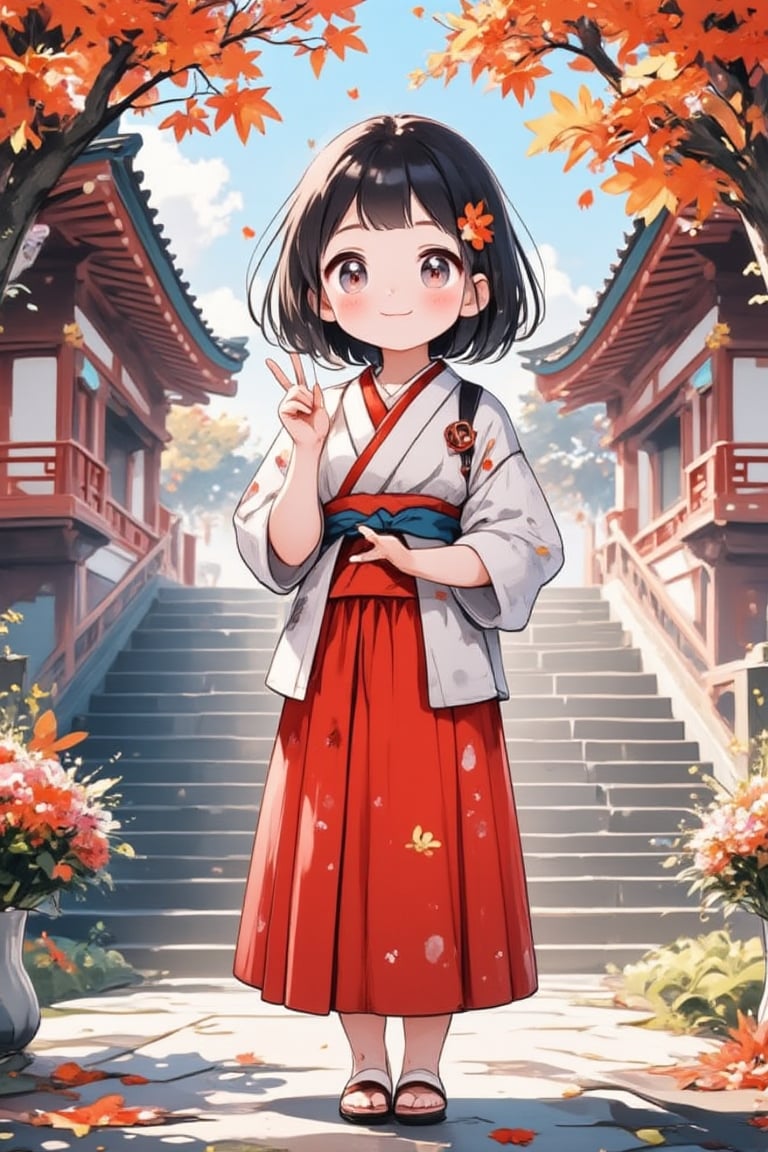 1 girl, solo, looking at viewer, smiling, bangs, skirt, black hair, hair accessory, standing, full body, flowers, outdoors, kimono, daytime, odango hair, smiling, tree, petals, V-shape, sandals, single odango hair, maple leaves, hakama, hakama skirt, stairs, shrine maiden, tabi, red hakama, architecture, east asian architecture, japan, shrine,Chibi-chan