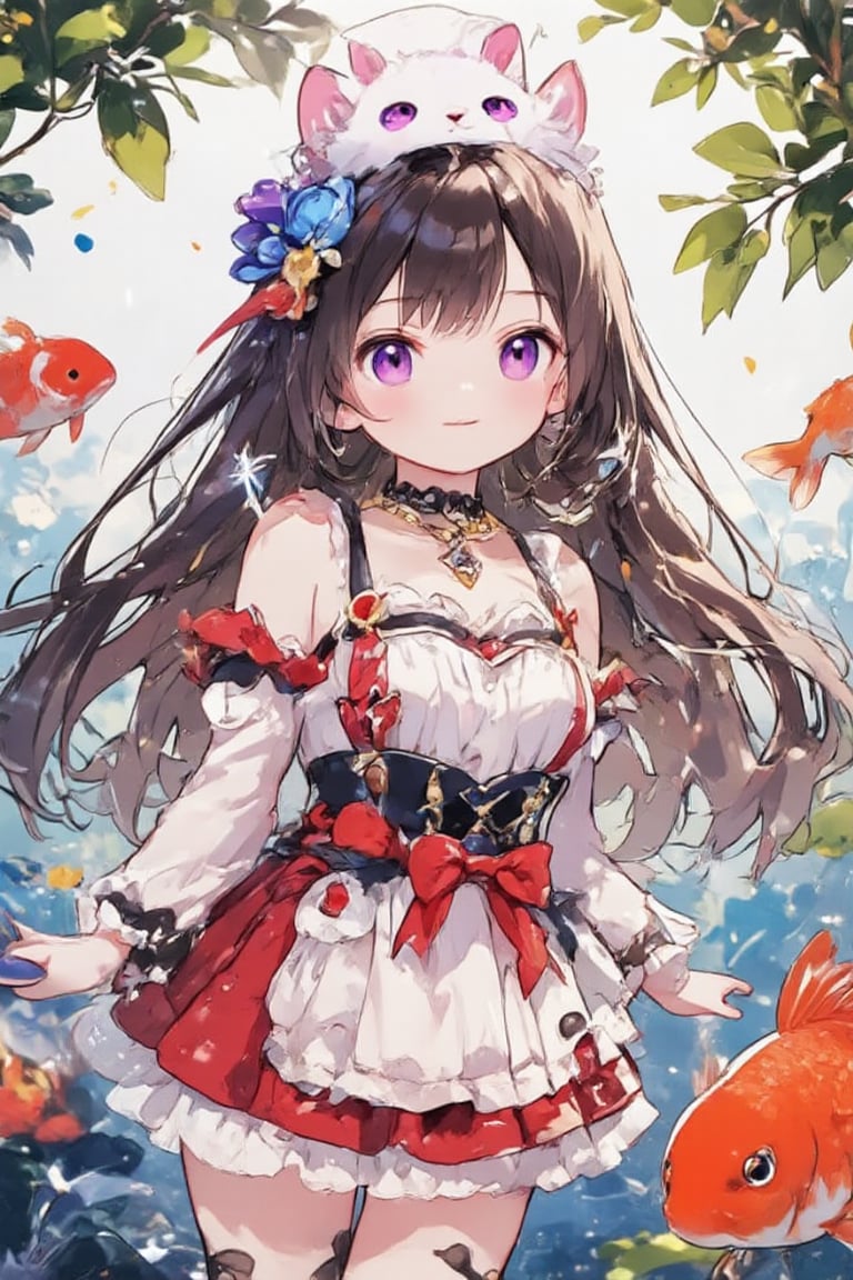 In a vibrant anime-style frame, Chibi-chan's sweet smile girl poses amidst a whimsical backdrop of swimming goldfish. Her long black hair cascades down her back, with a light brown streak framing her face. A white and red dress adorned with a heart-shaped red ribbon and a blue flower wraps around her waist, held by a sleek black belt. A black and gold necklace glimmers around her neck. Purple eyes sparkle as her mouth slightly opens, showcasing a playful expression. The pièce de résistance: a white cat face adorns the top of her head, adding to the delightful charm.,Anime style