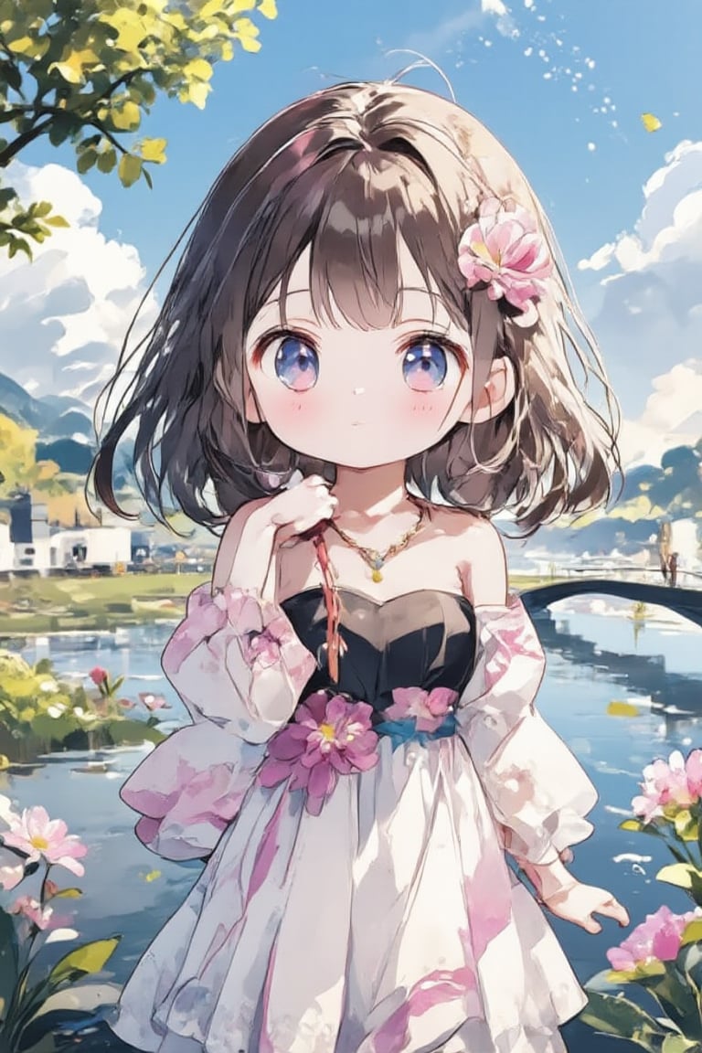 Animated image of a chibi girl with long brown hair and blue eyes. She is wearing a black strapless dress with a pink flower around her neck. The dress is white with pink edging around her neck and shoulders. The girl is standing in front of a body of water surrounded by green grass and pink flowers. In the background there is a bridge crossing the water. To the left of the bridge there is a tree with yellow leaves. To the right of the tree there is a building. The sky is blue with floating white clouds.,Chibi-chan,Anime style