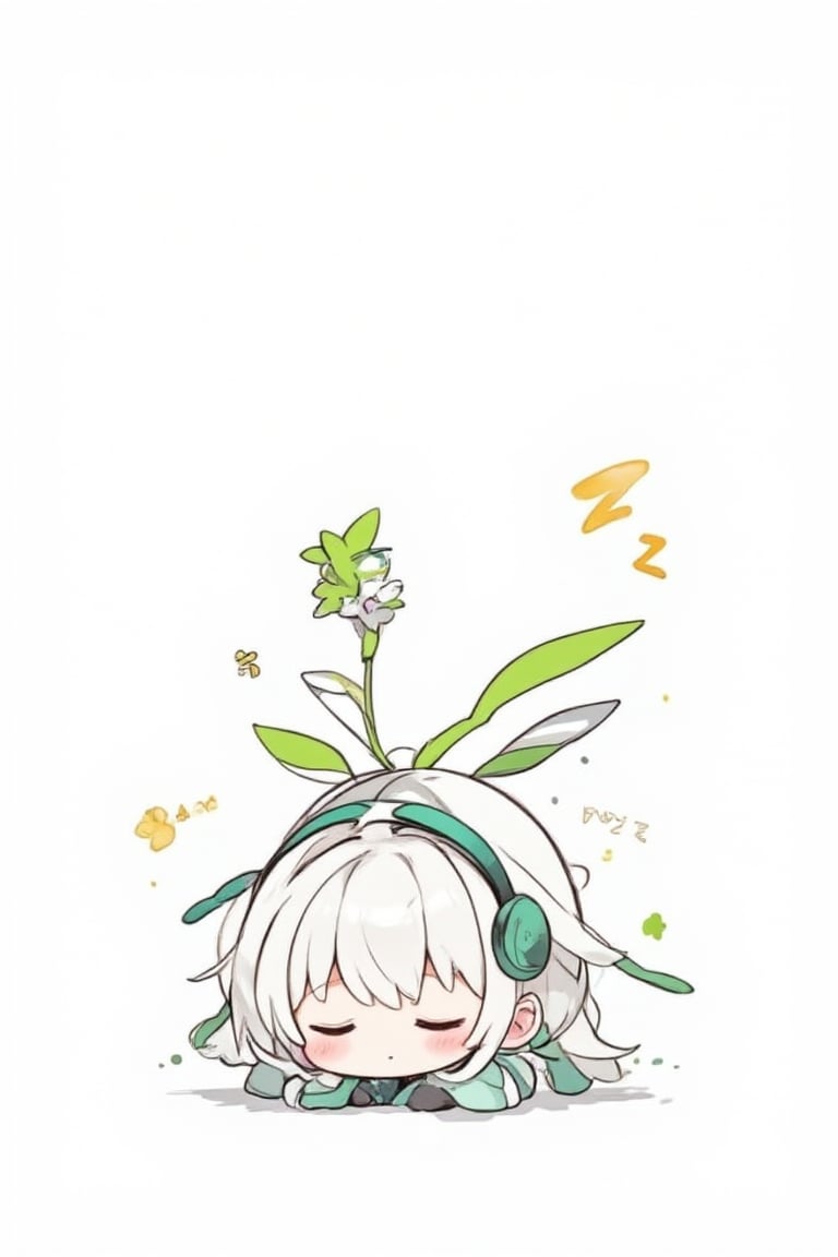 1 girl, solo, bangs, simple background, white background, ribbon, closed eyes, hair ribbon, white hair, colorful hair, green hair, chibi, striped hair, headphones, sleeping, plant, prone, facing the viewer, ==, green ribbon, zzz,Chibi-chan