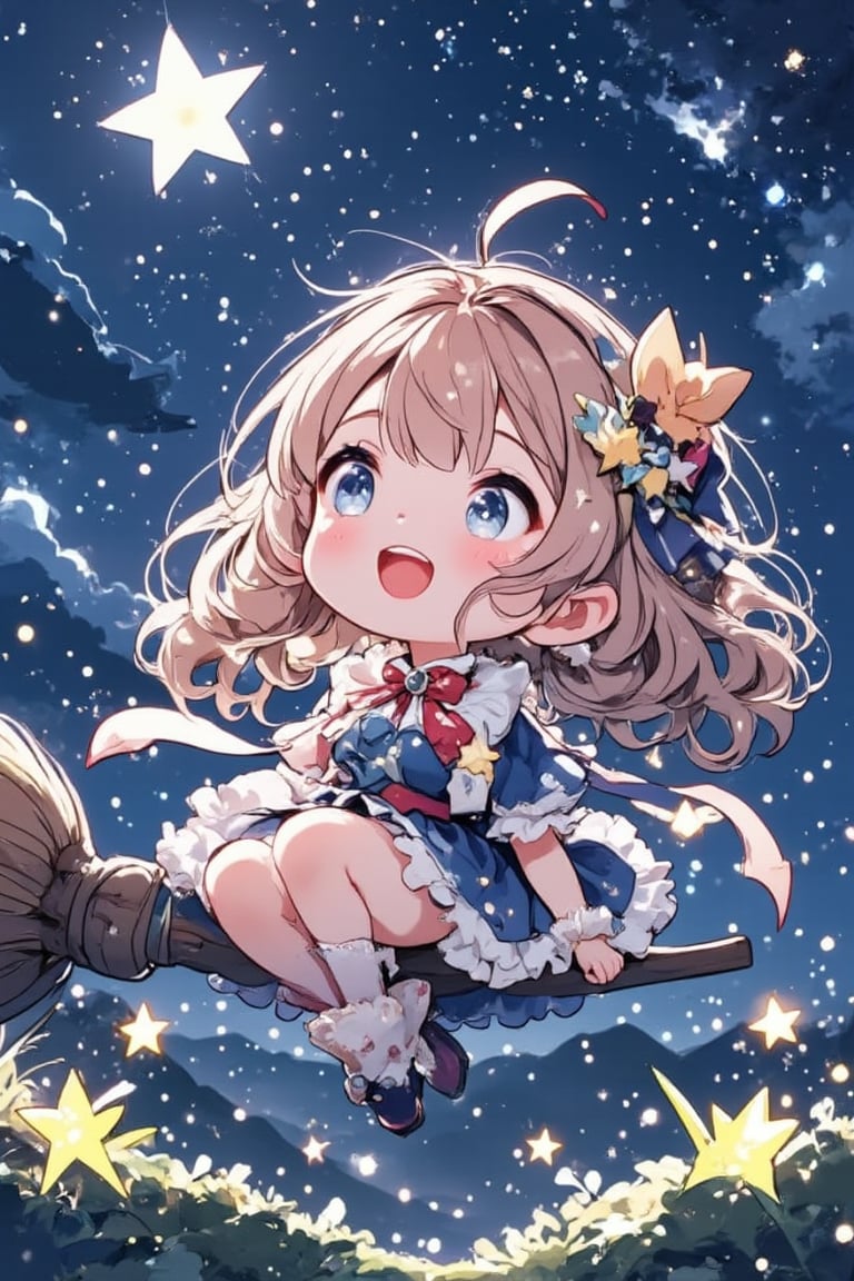 A masterpiece of whimsy and wonder: a chibi illustration of a loli wizardess sitting atop a magic broomstick under the radiant glow of moonlight and stars. Her light brown hair is styled in twin tails, with sparkling blue eyes that seem to gleam with an inner magic. A ribbon flows from her frilled outfit, adorned with a shiny brooch, as she gazes up at the night sky with a bright smile and open mouth, revealing pearly teeth. Fireflies dance around her head, and a sticker outline of Chibi-chan's signature star symbol adorns the top of the illustration, adding to the dreamy atmosphere.