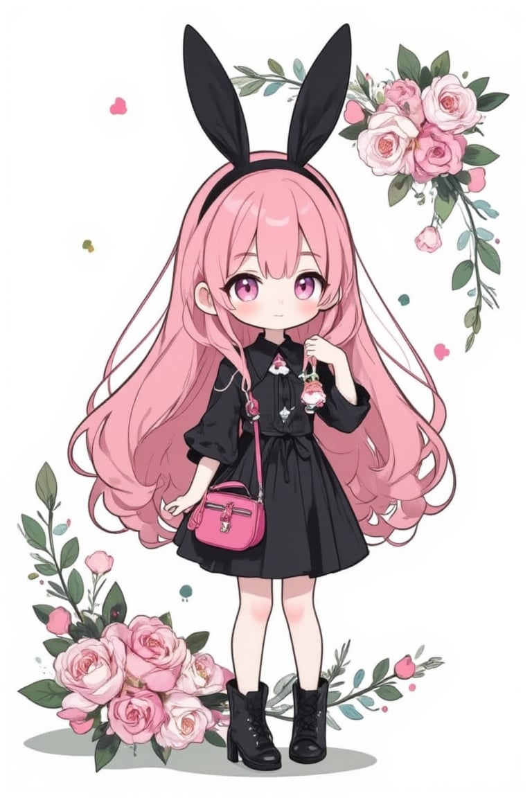 A chibi girl with long pink hair wearing a black dress and black boots. She is standing in front of a white background decorated with a bouquet of roses and green leaves. The girl's hair is decorated with black bunny ears and she is holding a pink handbag in her right hand. Her left hand is draped over her left shoulder, adding a touch of glamour to her outfit. The background is pure white, creating a stark contrast with the girl's outfit.,Chibi-chan