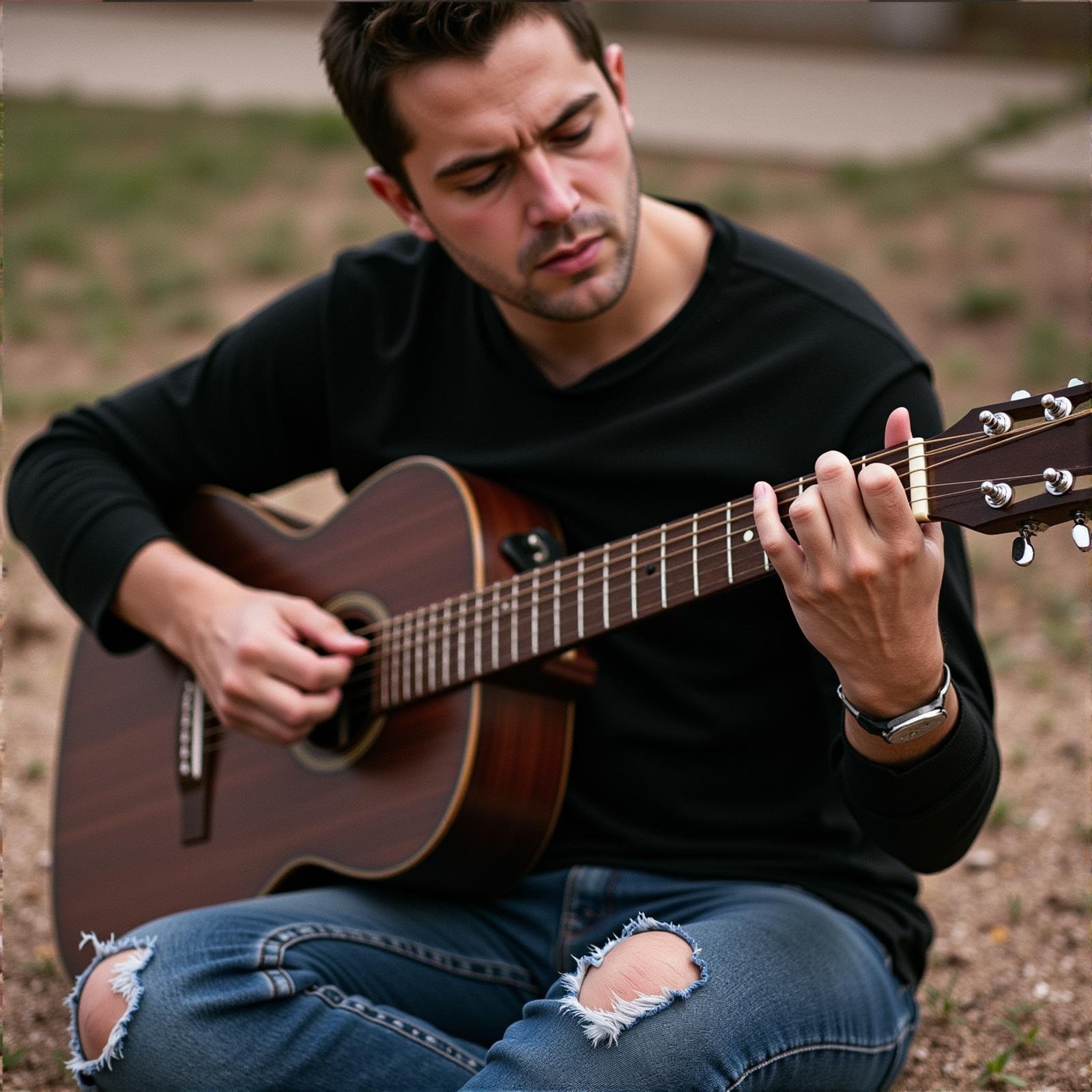 cinematic film still  <lora:hand v1:1>A cinematic detailed image of a man sitting on the ground playing a guitar, movie themed, sharp, detailed background, epic cinematic photography, artistic style, dramatic light style, cinematic color style, Kodak 35mm film style, detailed style, hand focus style, 1girl, solo, shirt, long sleeves, holding, sitting, outdoors, day, pants, blurry, black shirt, depth of field, blurry background, denim, instrument, close-up, jeans, music, blue pants, guitar, playing instrument, holding instrument, torn pants, plectrum, indoors, electric guitar, 1boy, male focus, fingernails, head out of frame, indian style, holding plectrum . shallow depth of field, vignette, highly detailed, high budget, bokeh, cinemascope, moody, epic, gorgeous, film grain, grainy