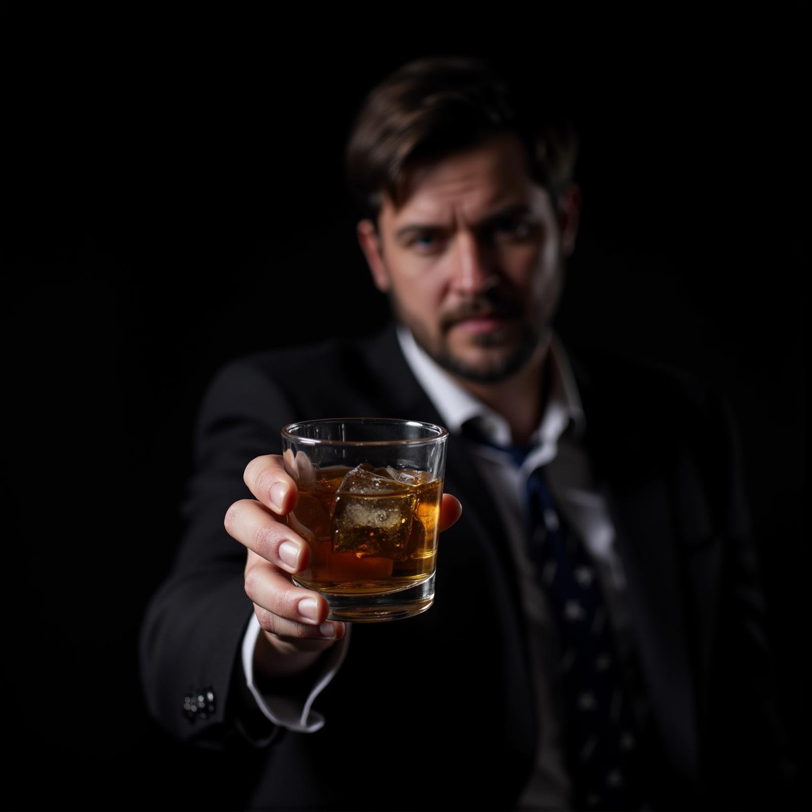 cinematic film still  <lora:hand v1:1>A cinematic detailed image of a man in a suit holding a glass of whiskey perfectly, movie themed, sharp, detailed background, epic cinematic photography, artistic style, dramatic light style, cinematic color style, Kodak 35mm film style, detailed style, hand focus style, solo, blue eyes, simple background, shirt, black hair, long sleeves, 1boy, holding, jacket, white shirt, male focus, necktie, collared shirt, blurry, cup, black jacket, depth of field, facial hair, formal, suit, black background, holding cup, black necktie, alcohol, drinking glass, ice, realistic, drink, ice cube, whiskey, looking at viewer, glass, closed mouth, upper body, photorealistic . shallow depth of field, vignette, highly detailed, high budget, bokeh, cinemascope, moody, epic, gorgeous, film grain, grainy